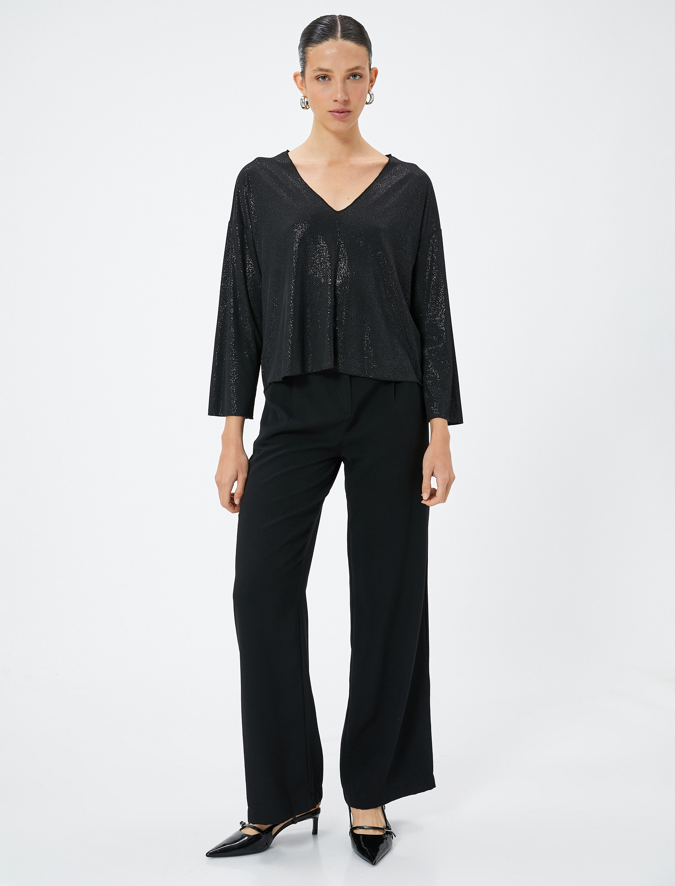   V Yaka Tişört Uzun Kollu Simli