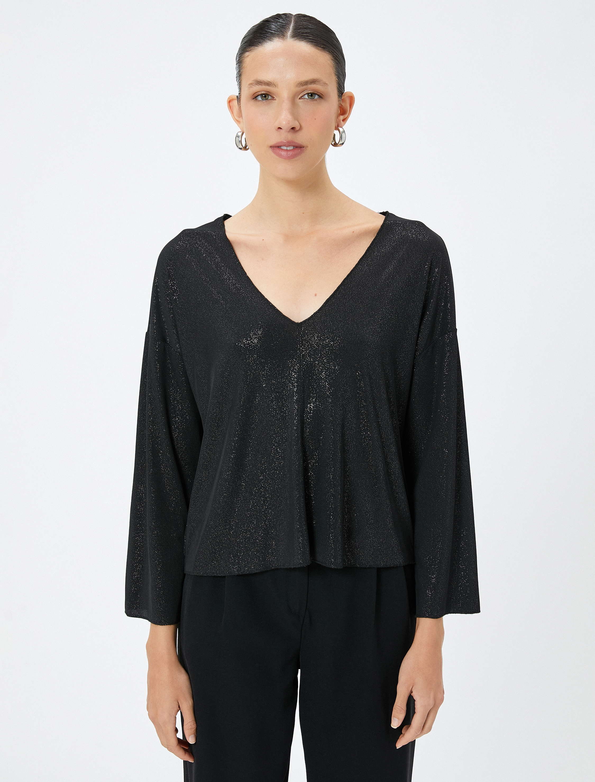   V Yaka Tişört Uzun Kollu Simli