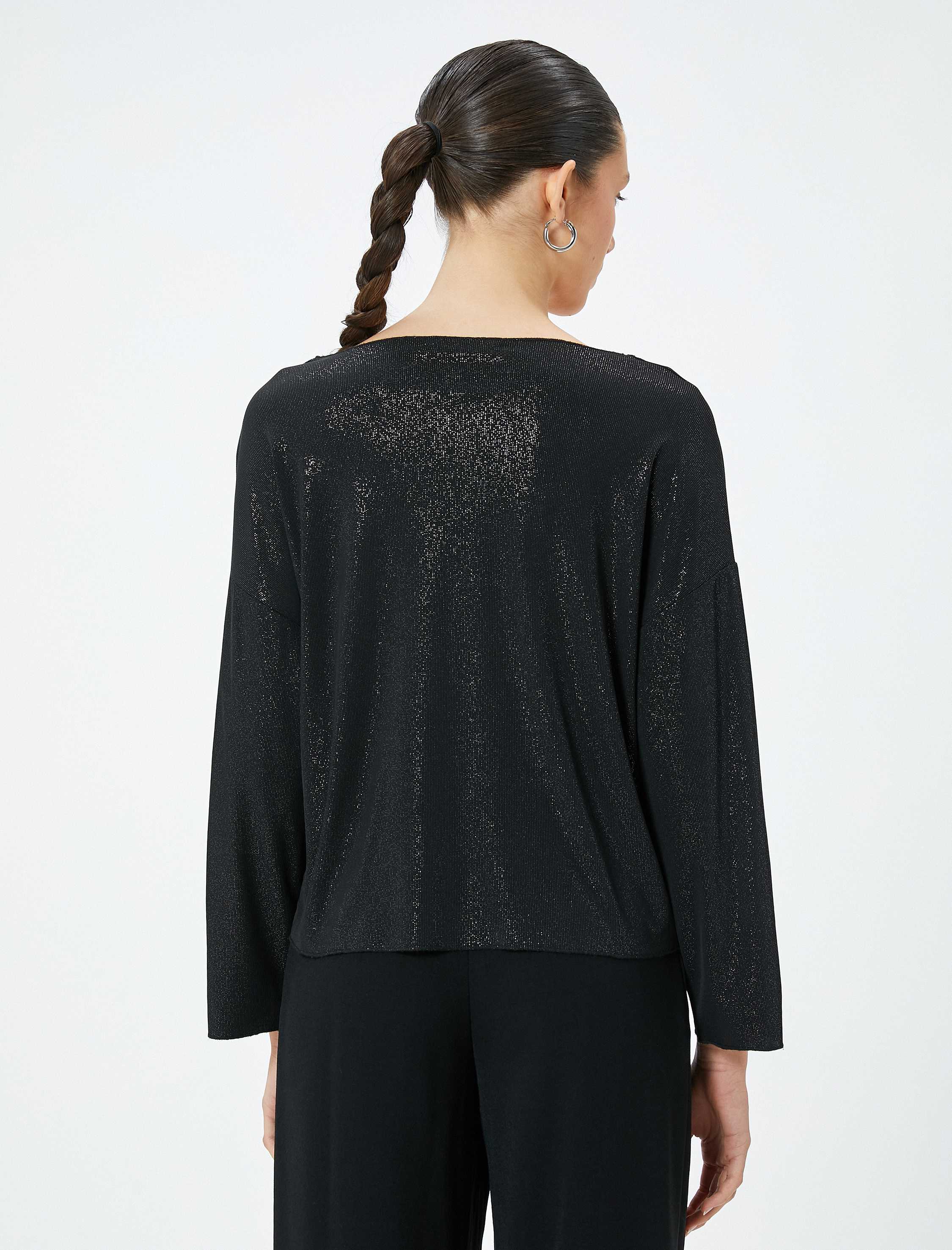   V Yaka Tişört Uzun Kollu Simli