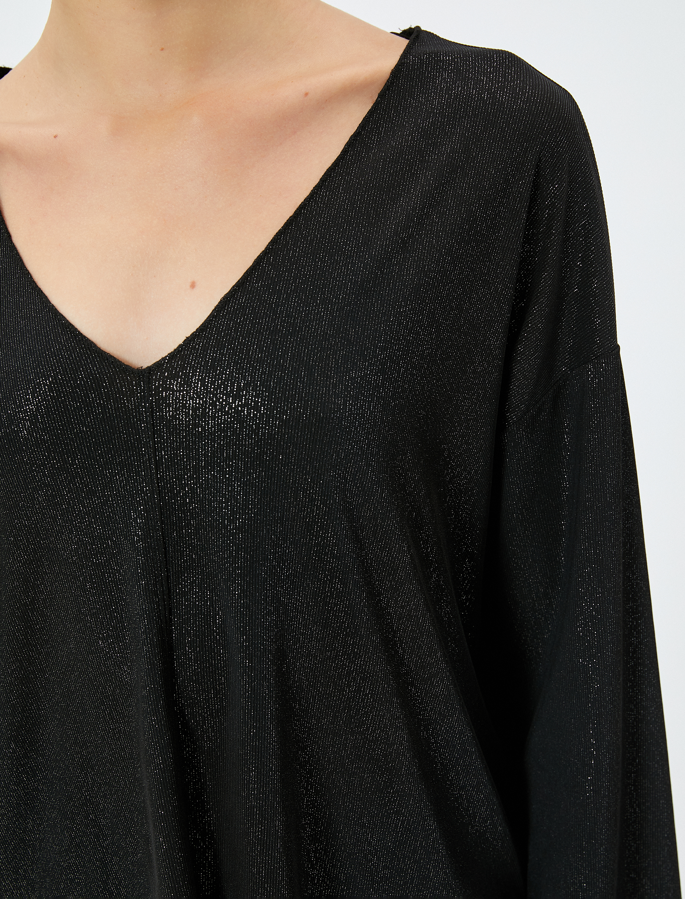   V Yaka Tişört Uzun Kollu Simli