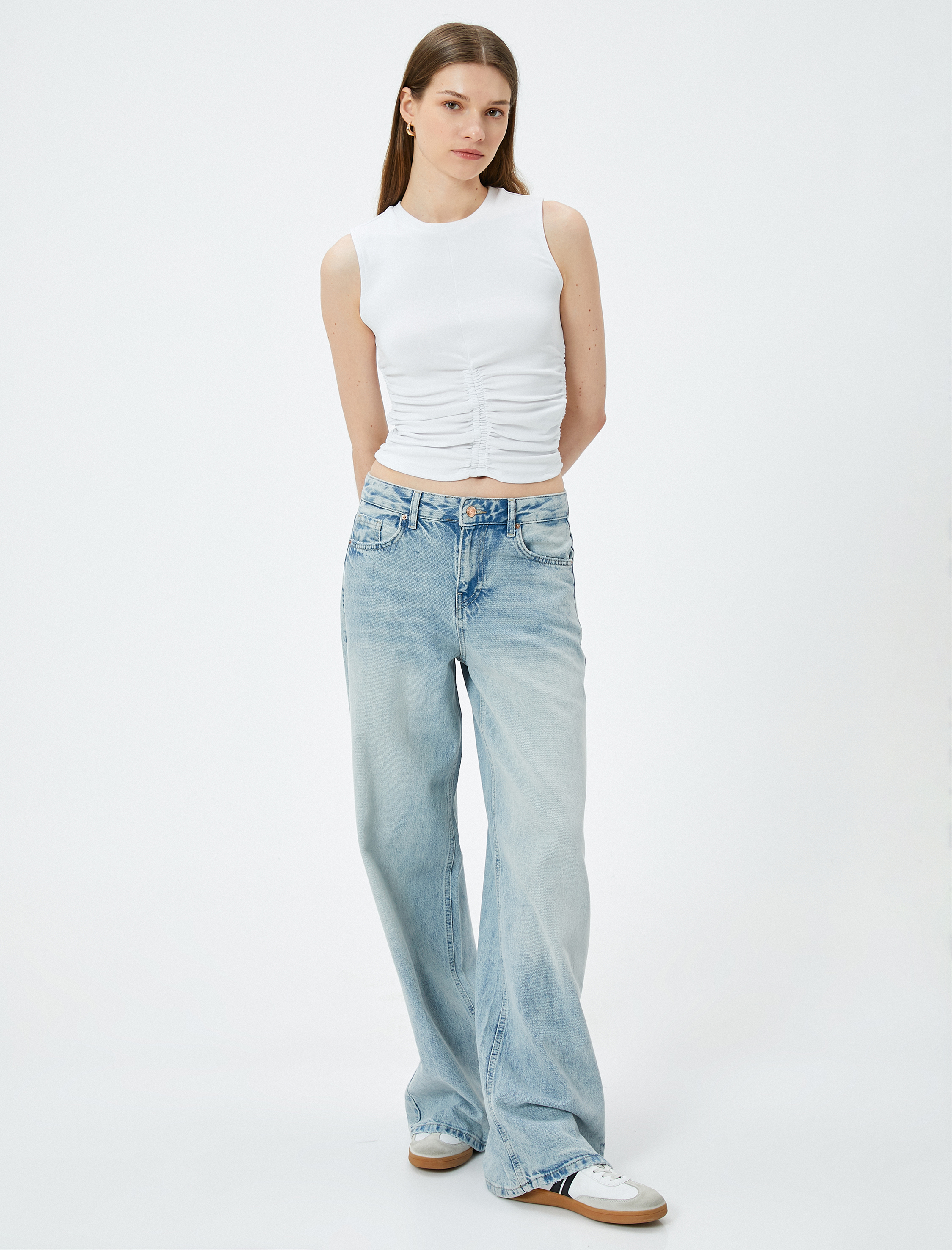   Crop Fitilli Atlet Bisiklet Yaka Drapeli Pamuklu