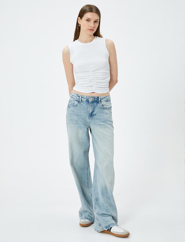 Crop Fitilli Atlet Bisiklet Yaka Drapeli Pamuklu_1