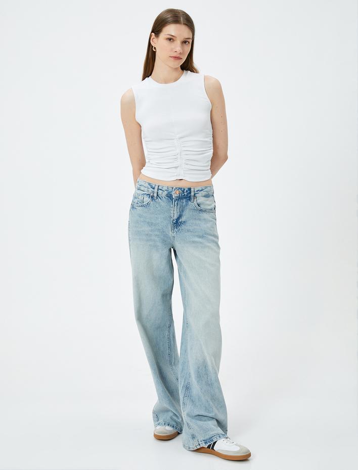  Crop Fitilli Atlet Bisiklet Yaka Drapeli Pamuklu