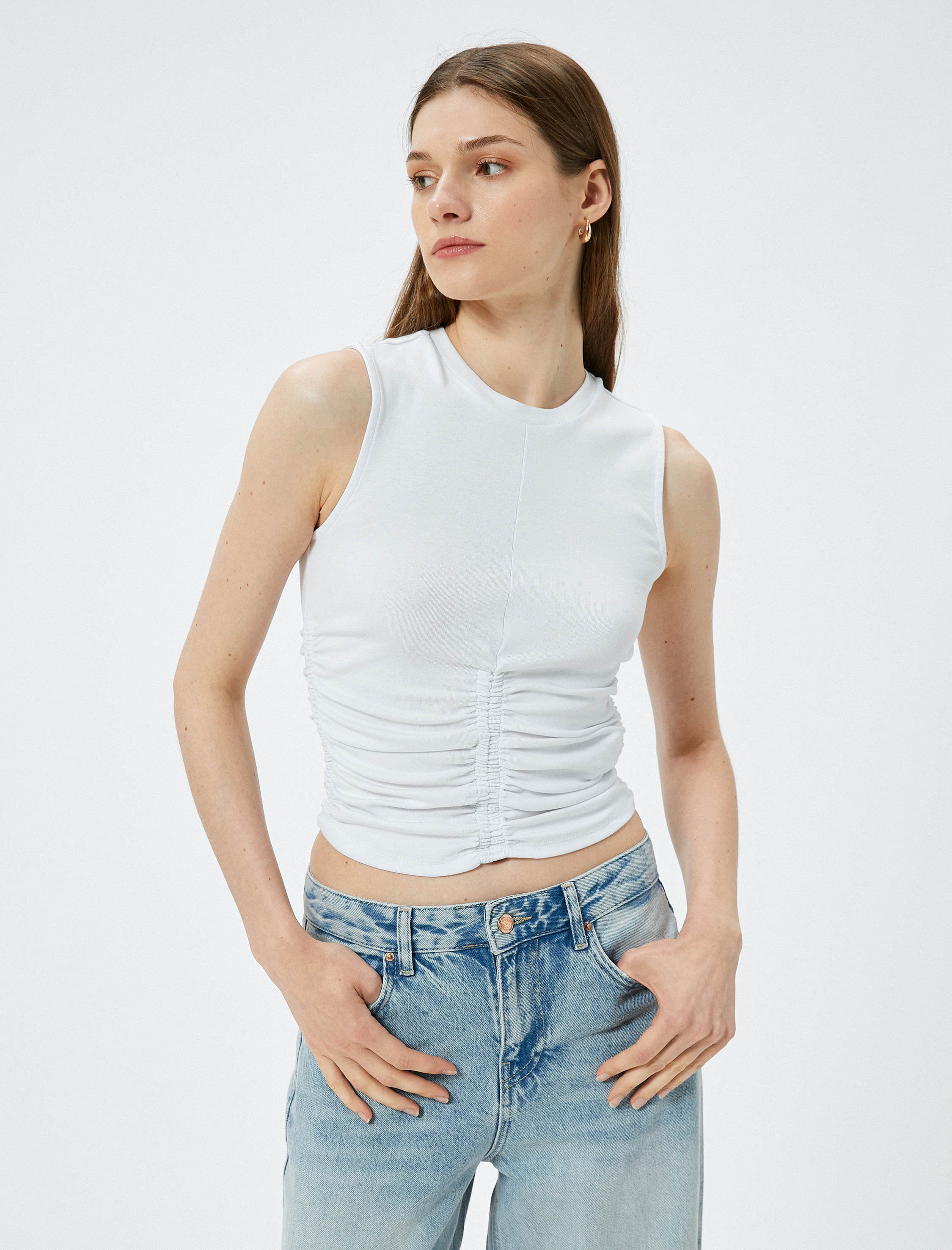   Crop Fitilli Atlet Bisiklet Yaka Drapeli Pamuklu