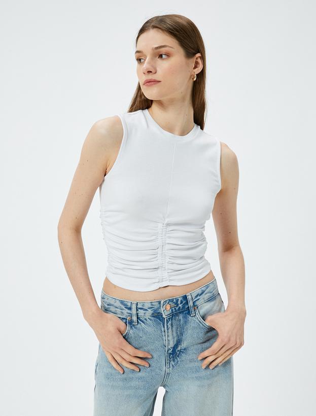 Crop Fitilli Atlet Bisiklet Yaka Drapeli Pamuklu_2