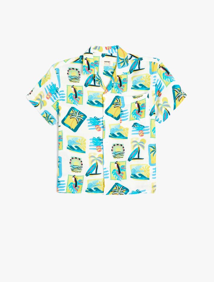 Erkek Çocuk Gömlek Kısa Kollu Yaz Temalı Baskılı Cep Detaylı Viskon Kumaş