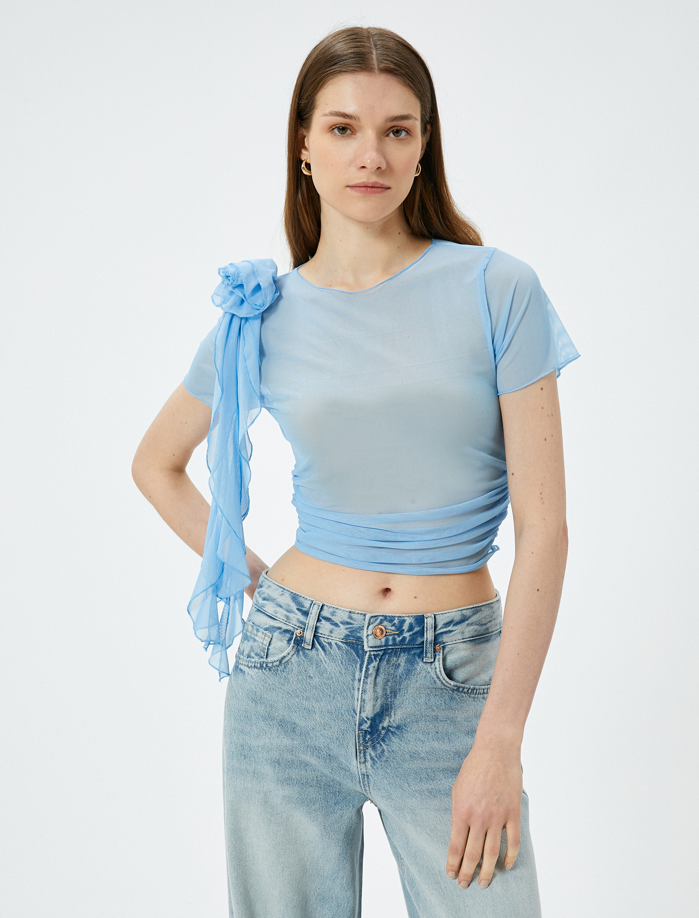   Crop Tül Tişört Kısa Kollu Çiçek Aplike Detaylı