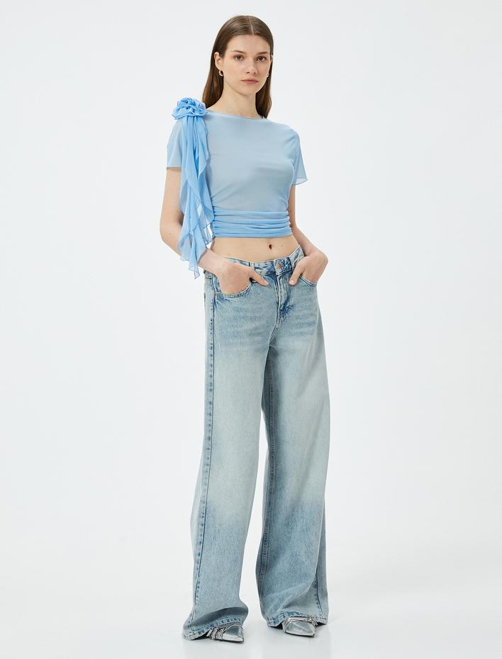  Crop Tül Tişört Kısa Kollu Çiçek Aplike Detaylı