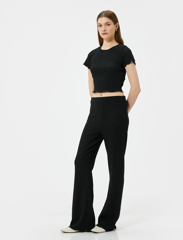  İspanyol Paça Pantolon Beli Lastikli Dokulu