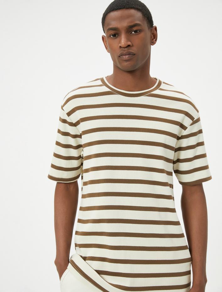  Basic Tişört Slim Fit Çizgili Bisiklet Yaka Kısa Kollu