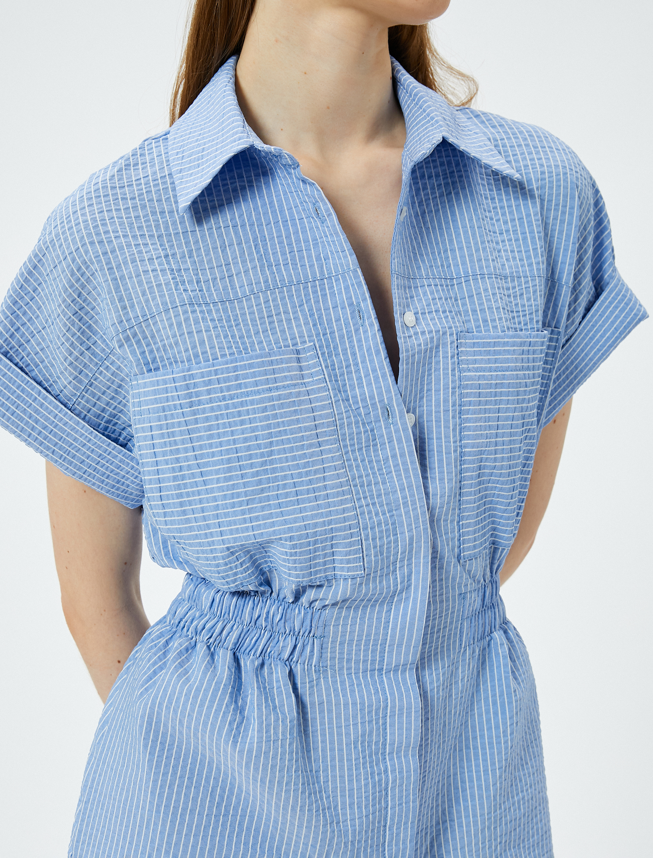 Şort Tulum Kısa Kollu Düğmeli Cepli Gömlek Yaka