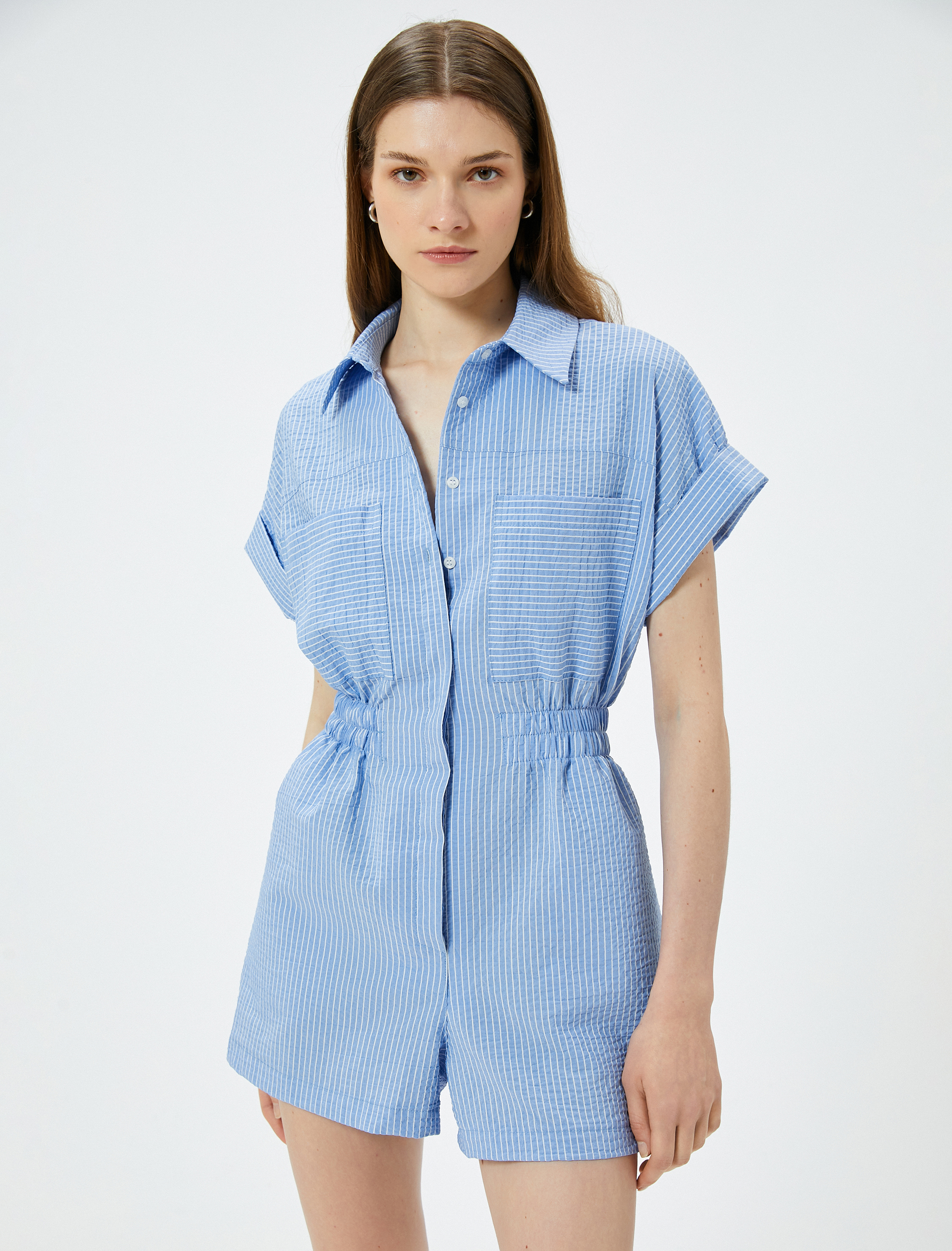 Şort Tulum Kısa Kollu Düğmeli Cepli Gömlek Yaka