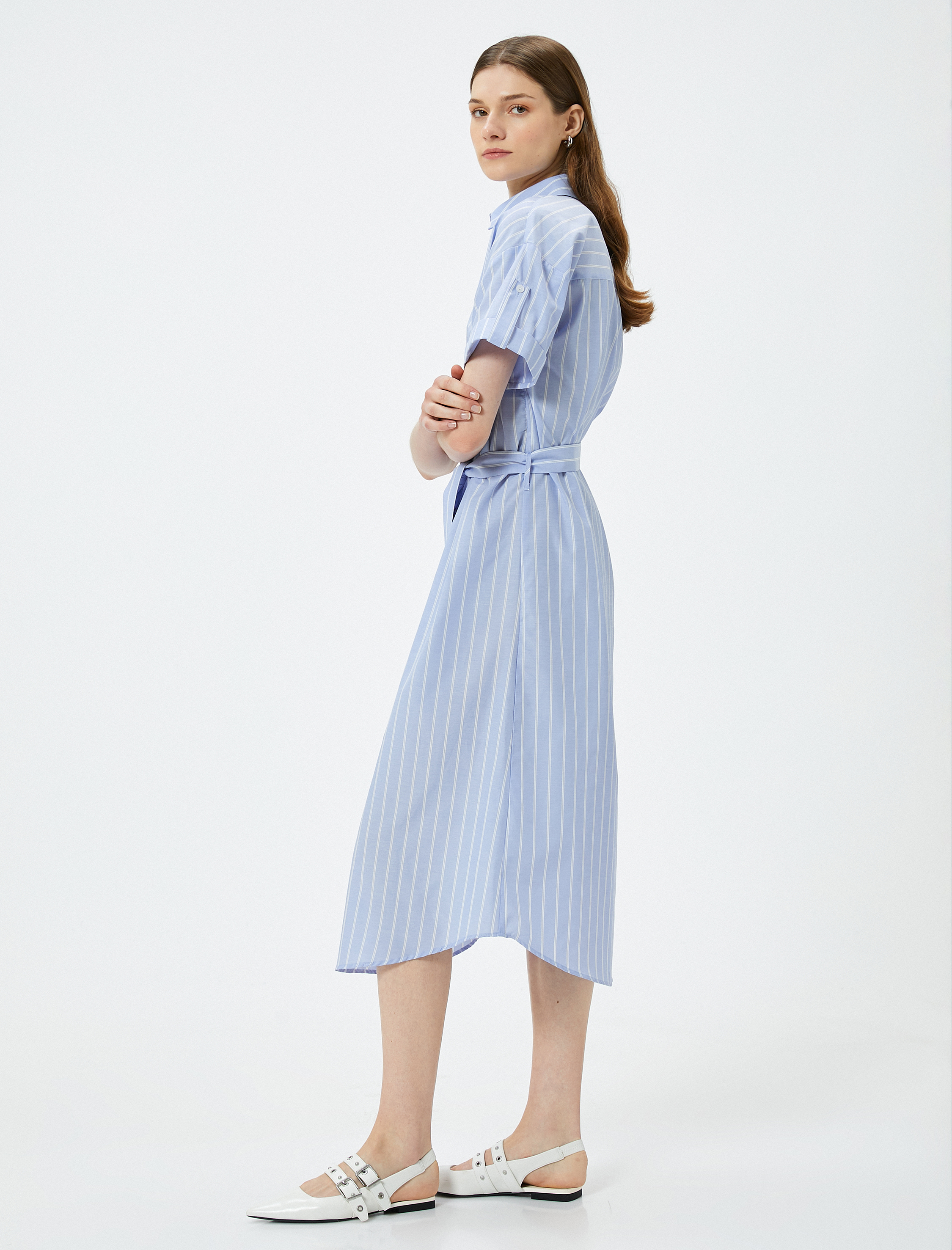   Midi Gömlek Elbise Beli Kuşaklı Kısa Kollu Düğmeli