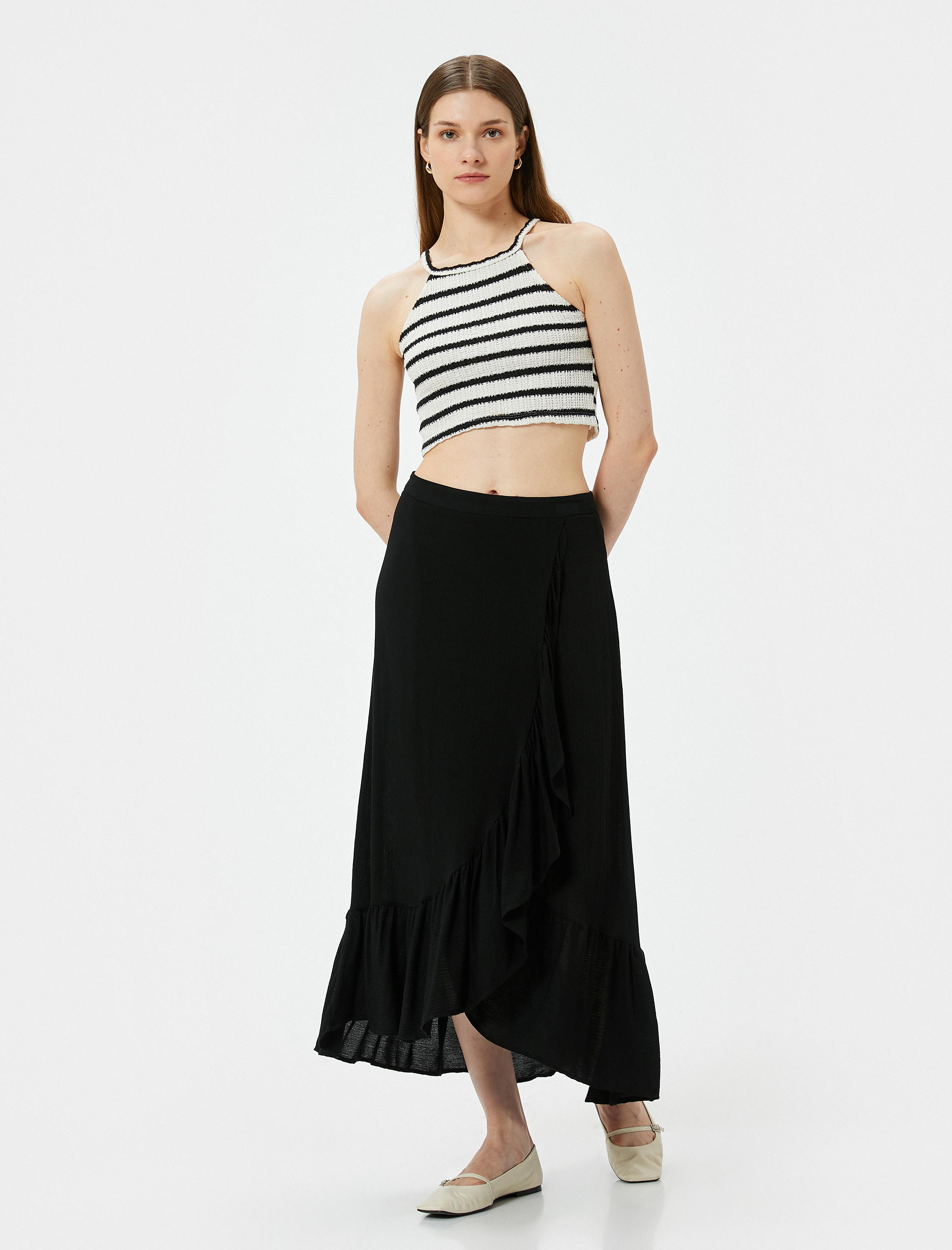   Viskon Midi Etek Fırfırlı Normal Bel