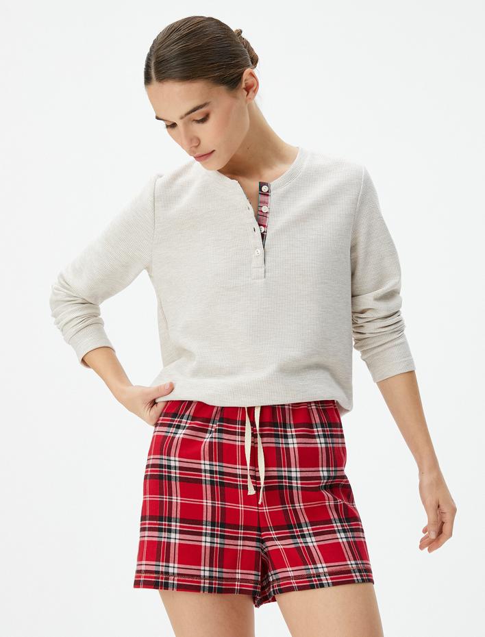  Kareli Pijama Altı Şort Beli Bağcıklı