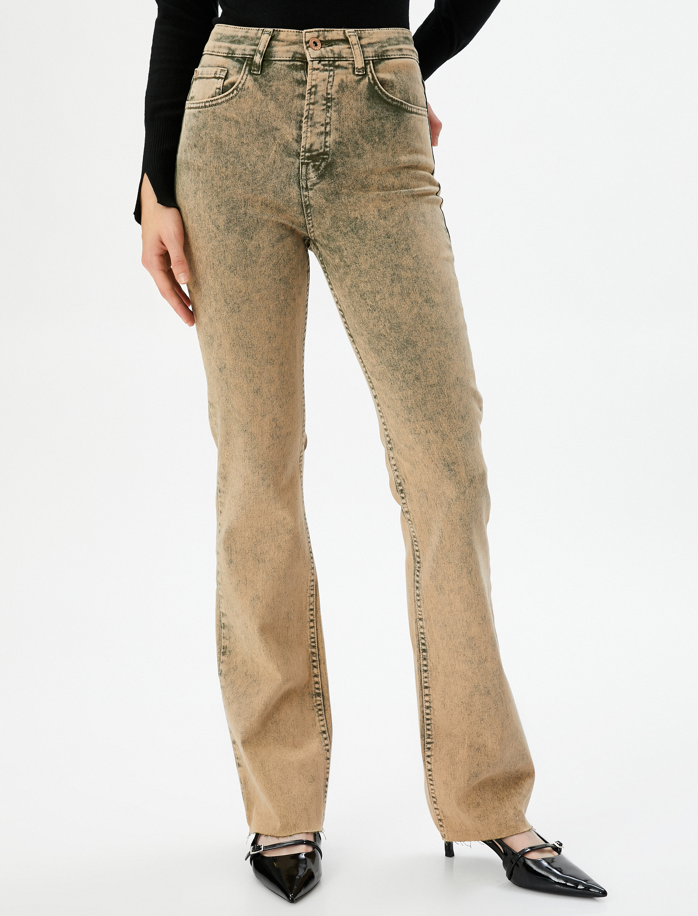   Eskitilmiş Hafif İspanyol Paça Kot Pantolon Dar Kesim Standart Bel Pamuklu Cepli - Flare Slim Jeans