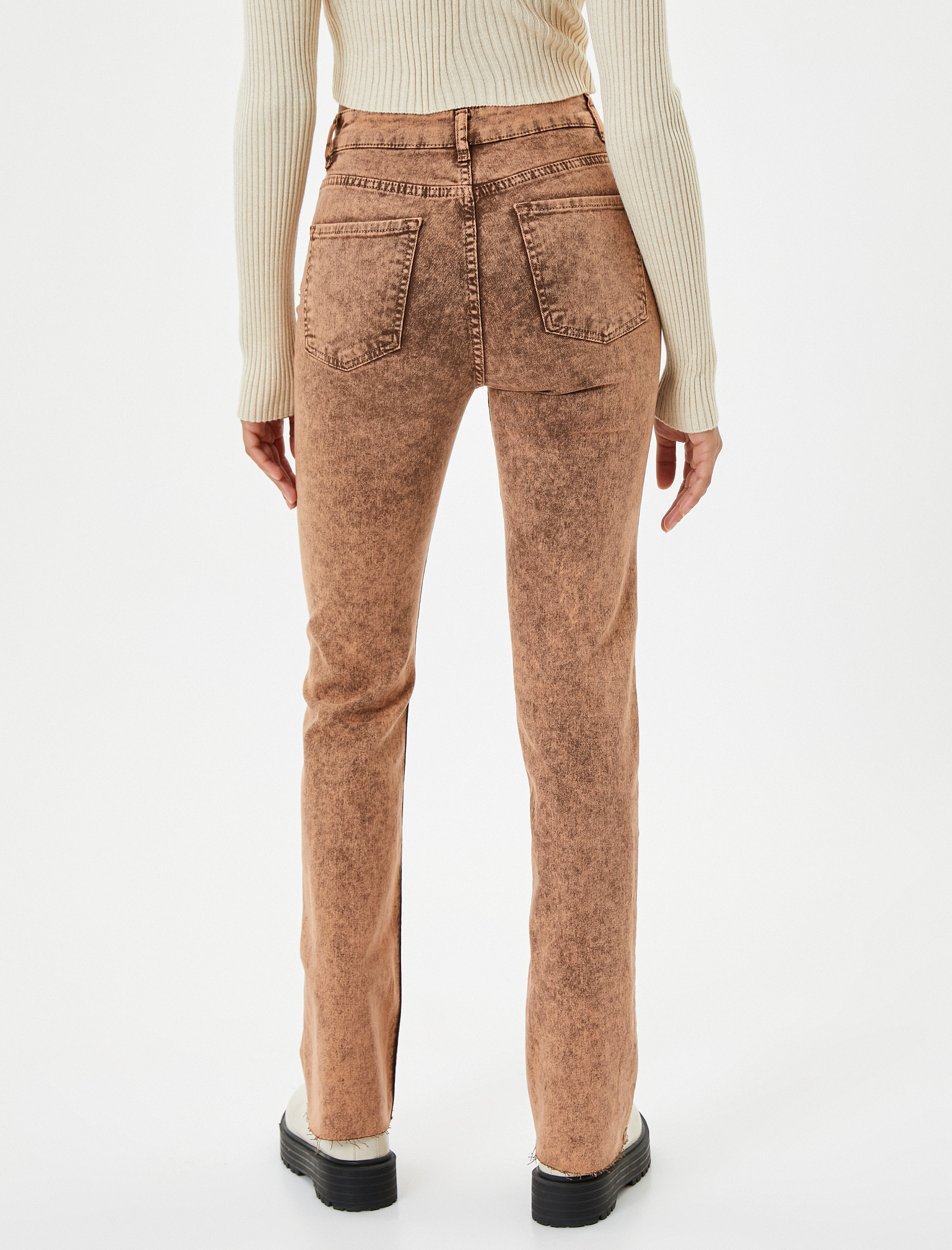   Eskitilmiş Hafif İspanyol Paça Kot Pantolon Dar Kesim Standart Bel Pamuklu Cepli - Flare Slim Jeans