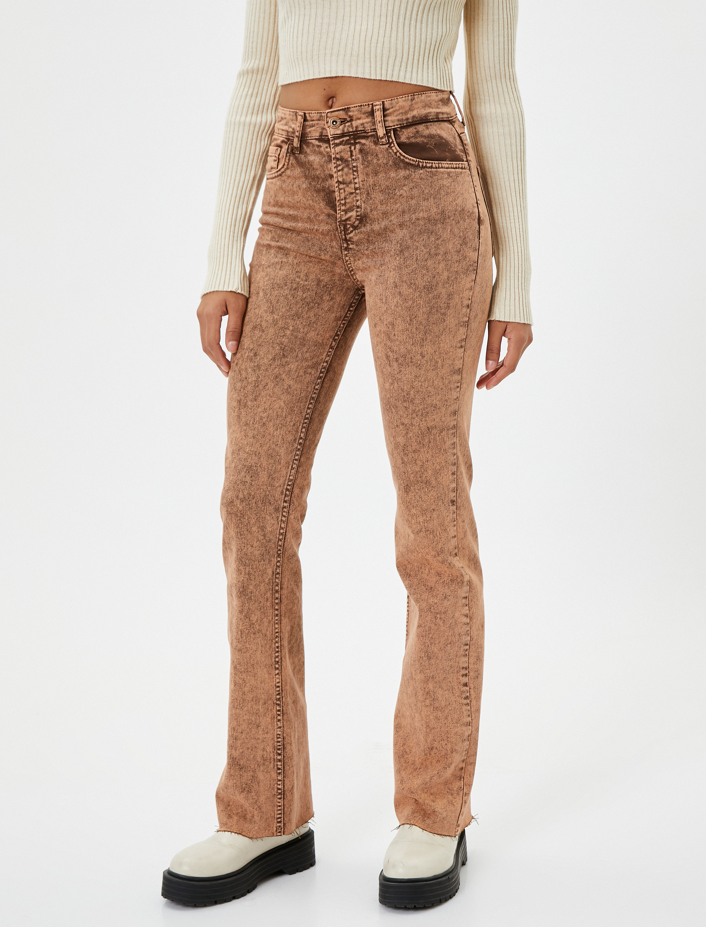   Eskitilmiş Hafif İspanyol Paça Kot Pantolon Dar Kesim Standart Bel Pamuklu Cepli - Flare Slim Jeans