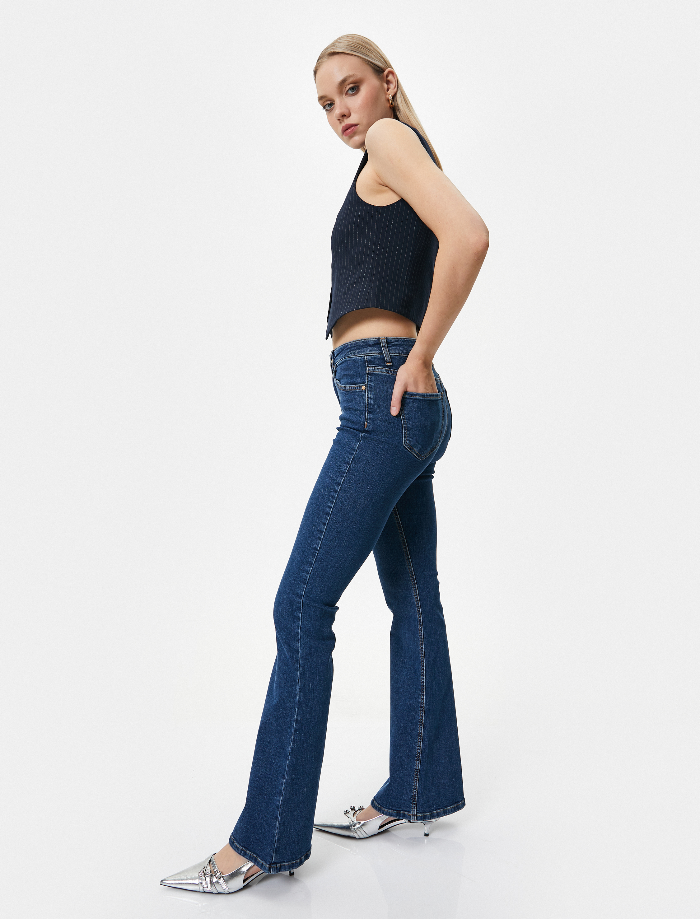 İspanyol Paça Kot Pantolon Dar Kesim Standart Bel Esnek Pamuklu Cepli - Flare Jean