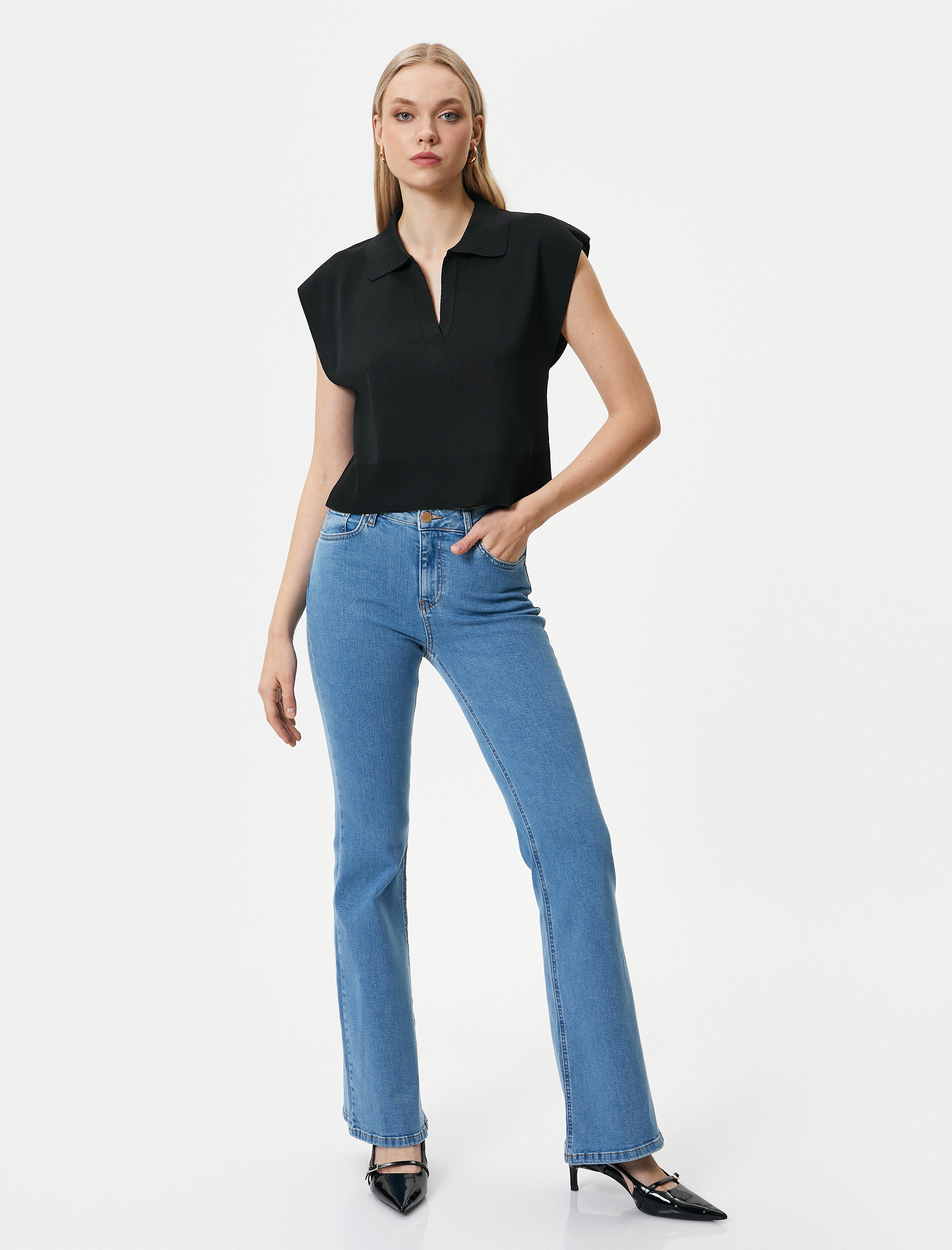   İspanyol Paça Kot Pantolon Dar Kesim Standart Bel Esnek Pamuklu Cepli - Flare Jean