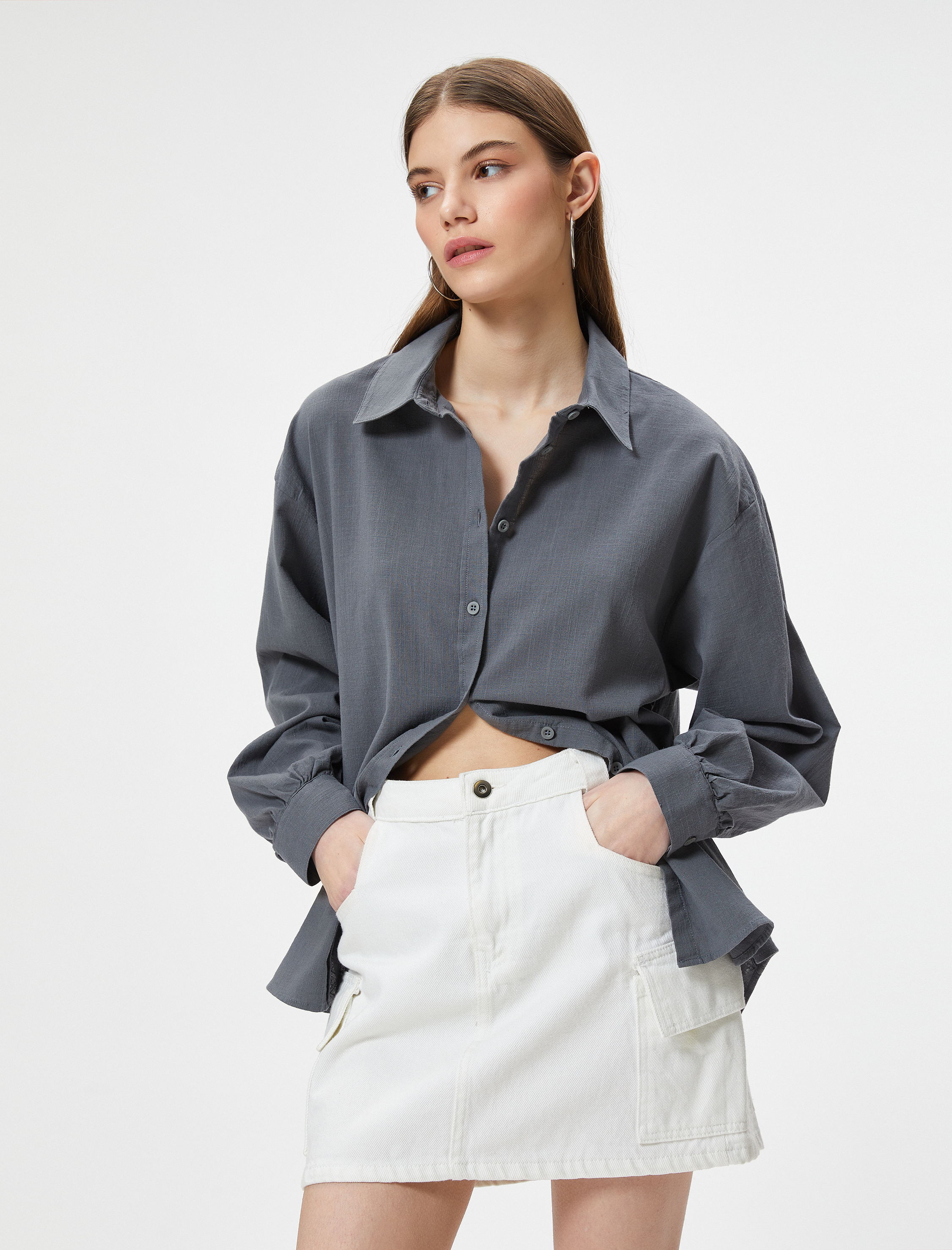   Oversize Gömlek Uzun Kollu Klasik Yaka Pamuklu