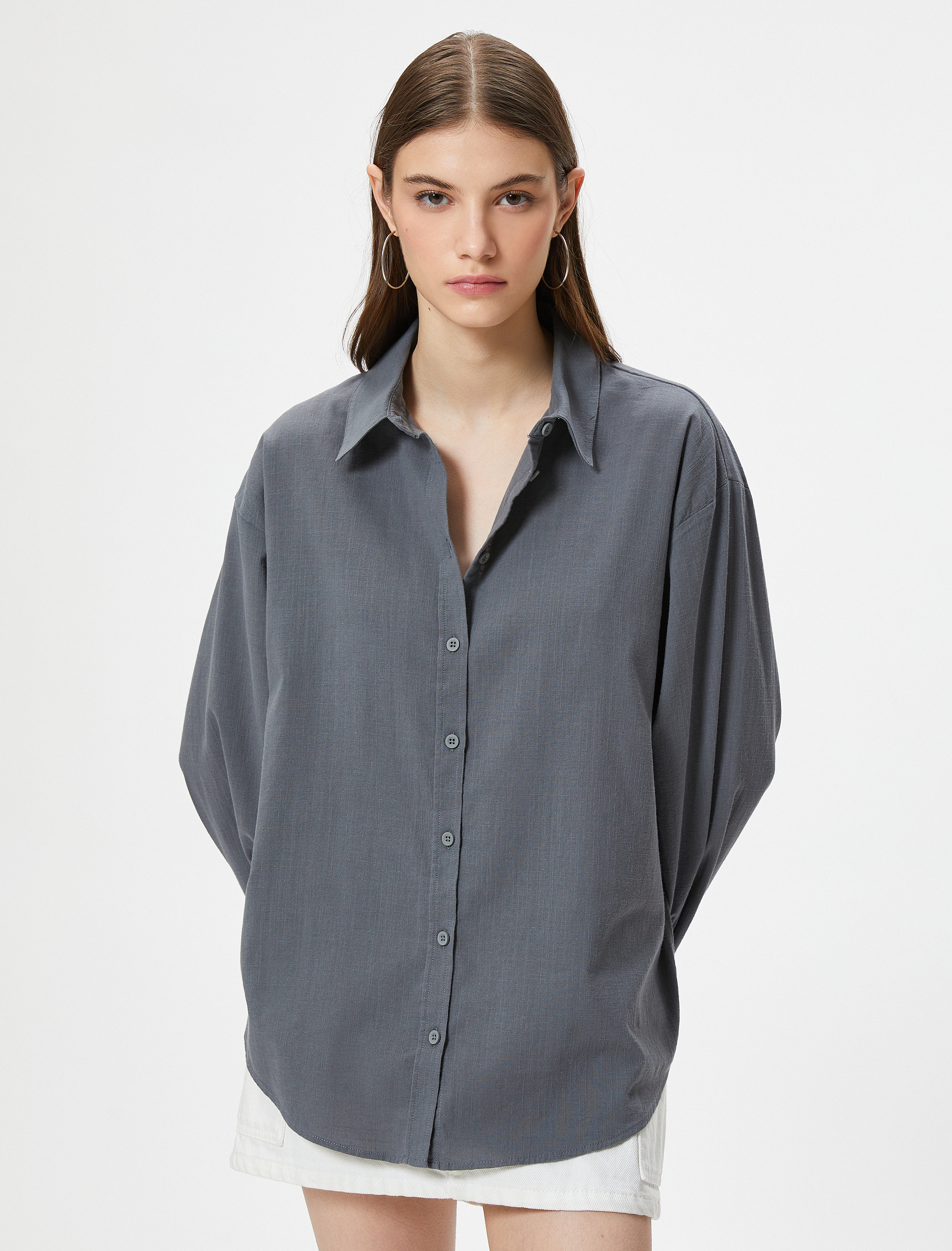   Oversize Gömlek Uzun Kollu Klasik Yaka Pamuklu