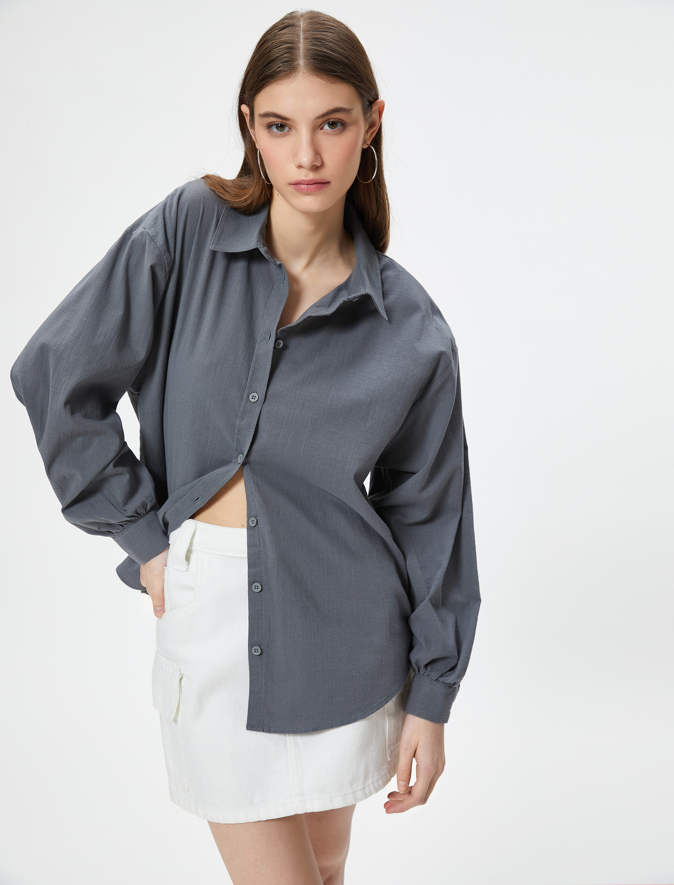   Oversize Gömlek Uzun Kollu Klasik Yaka Pamuklu