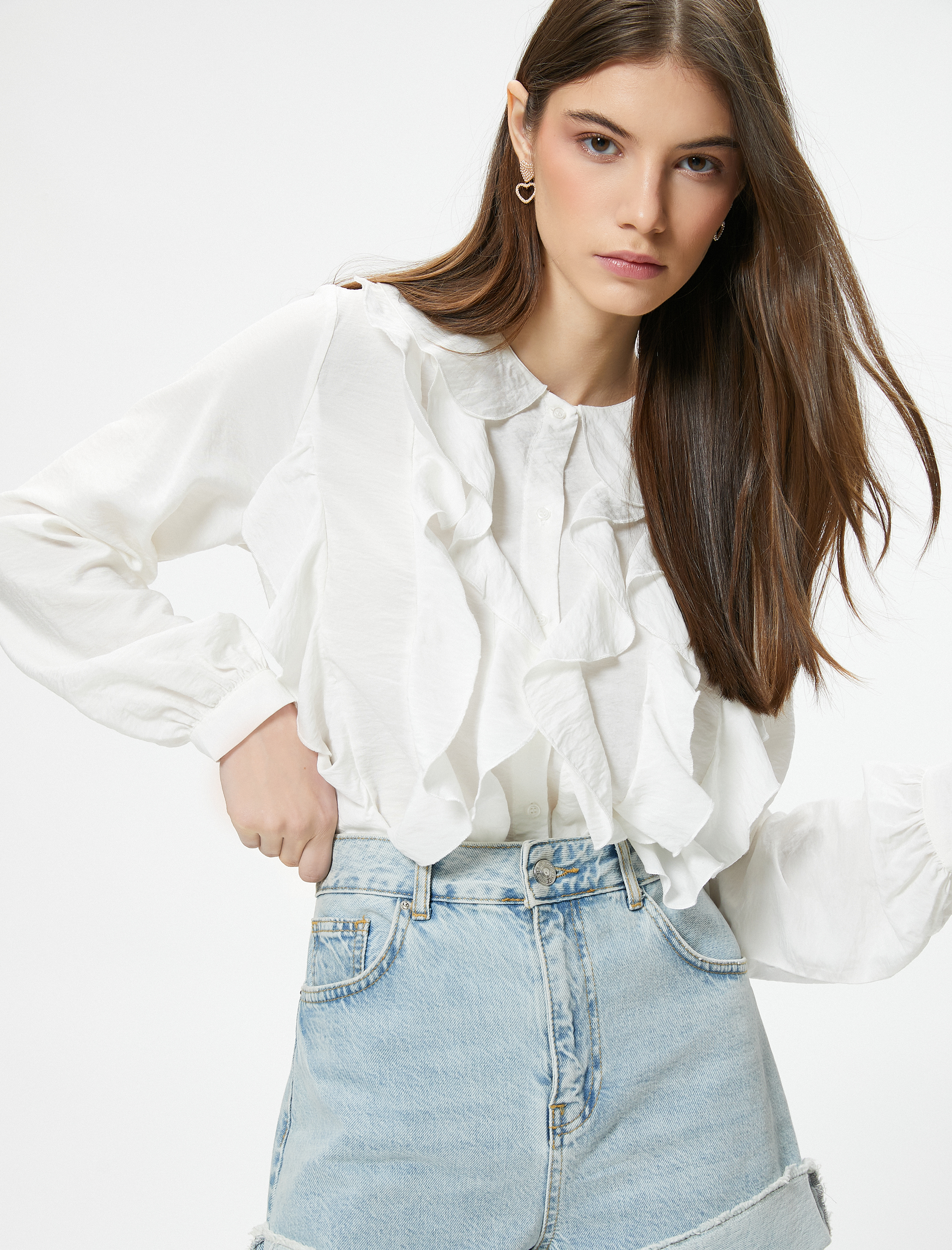   Fırfırlı Bluz Uzun Kollu Bebe Yaka Viskoz Kumaş