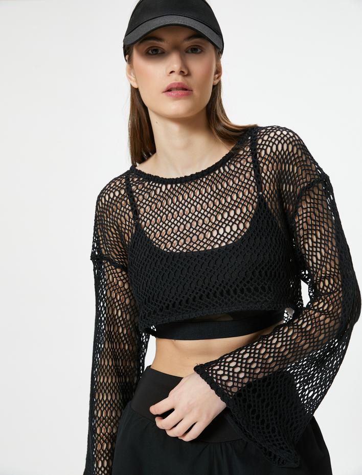  File Crop Yoga Tişört Uzun Geniş Kollu Bisiklet Yaka