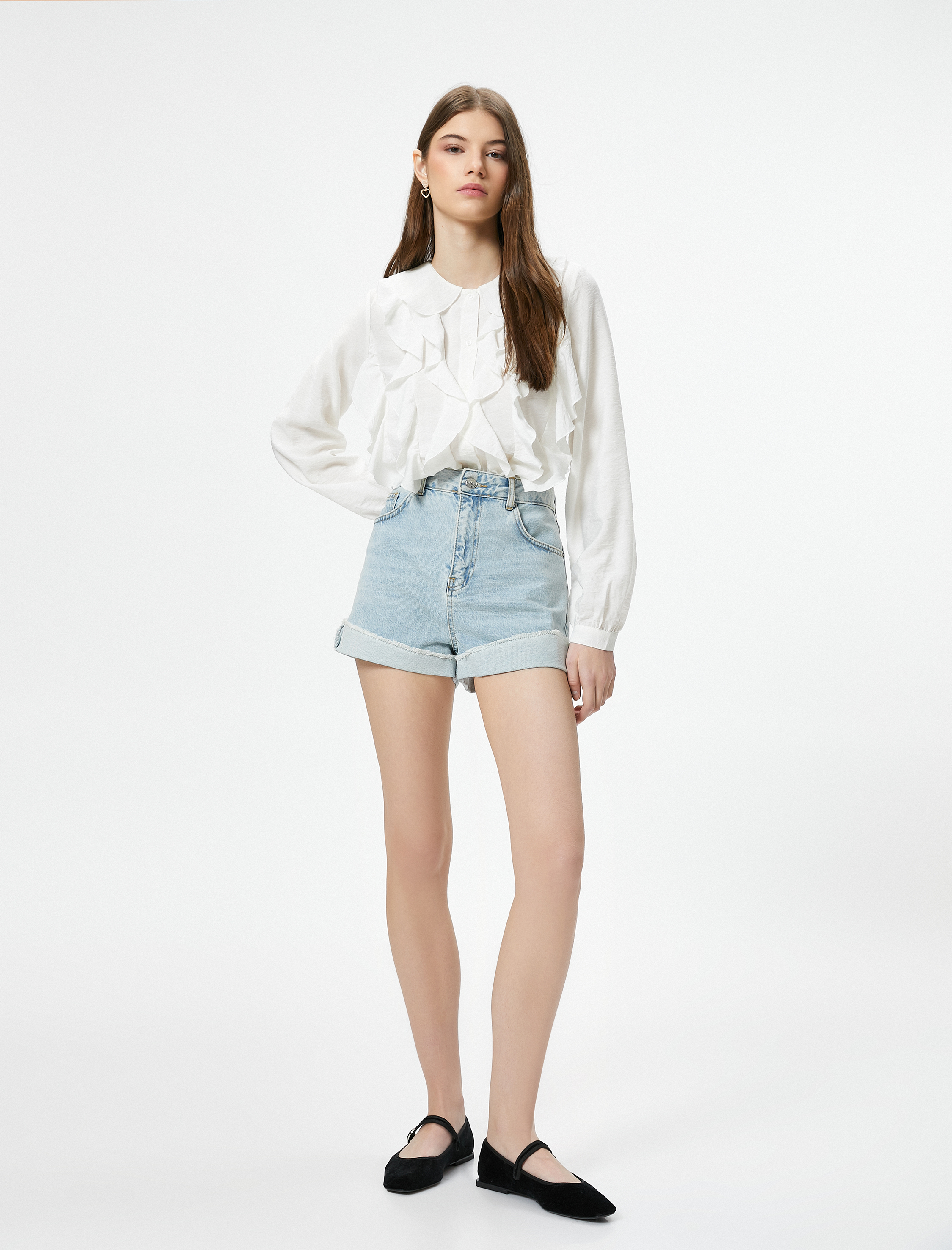   Fırfırlı Bluz Uzun Kollu Bebe Yaka Viskoz Kumaş