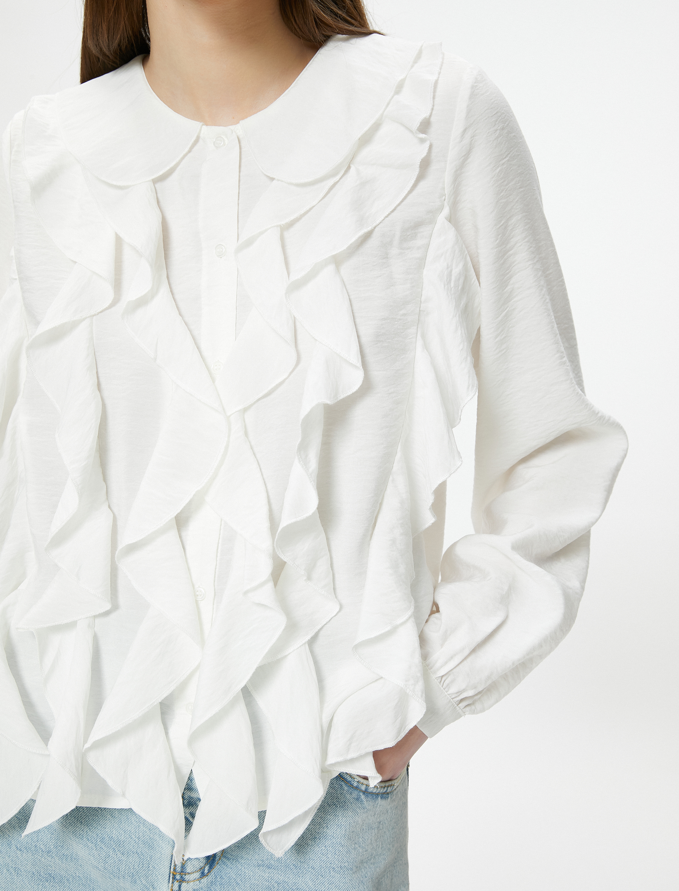   Fırfırlı Bluz Uzun Kollu Bebe Yaka Viskoz Kumaş