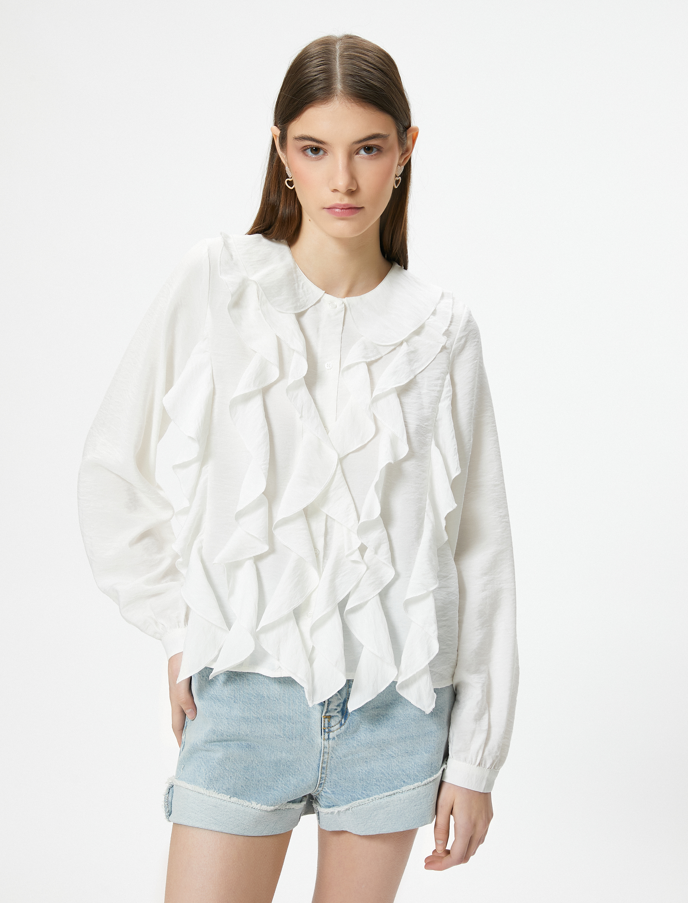   Fırfırlı Bluz Uzun Kollu Bebe Yaka Viskoz Kumaş