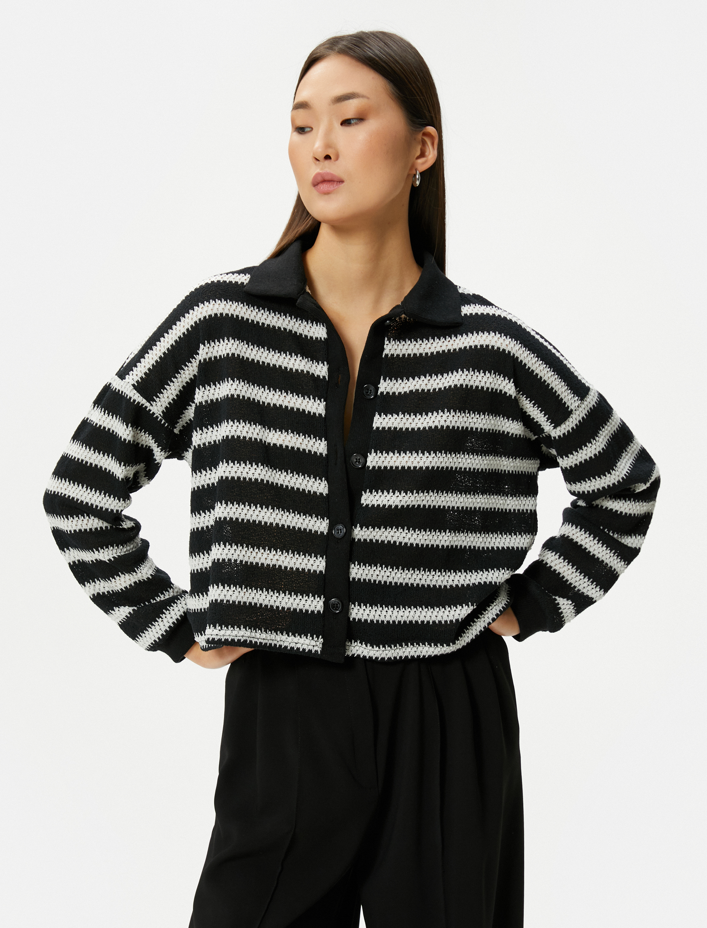   Polo Yaka Hırka Düğmeli Örgü Standart Kesim