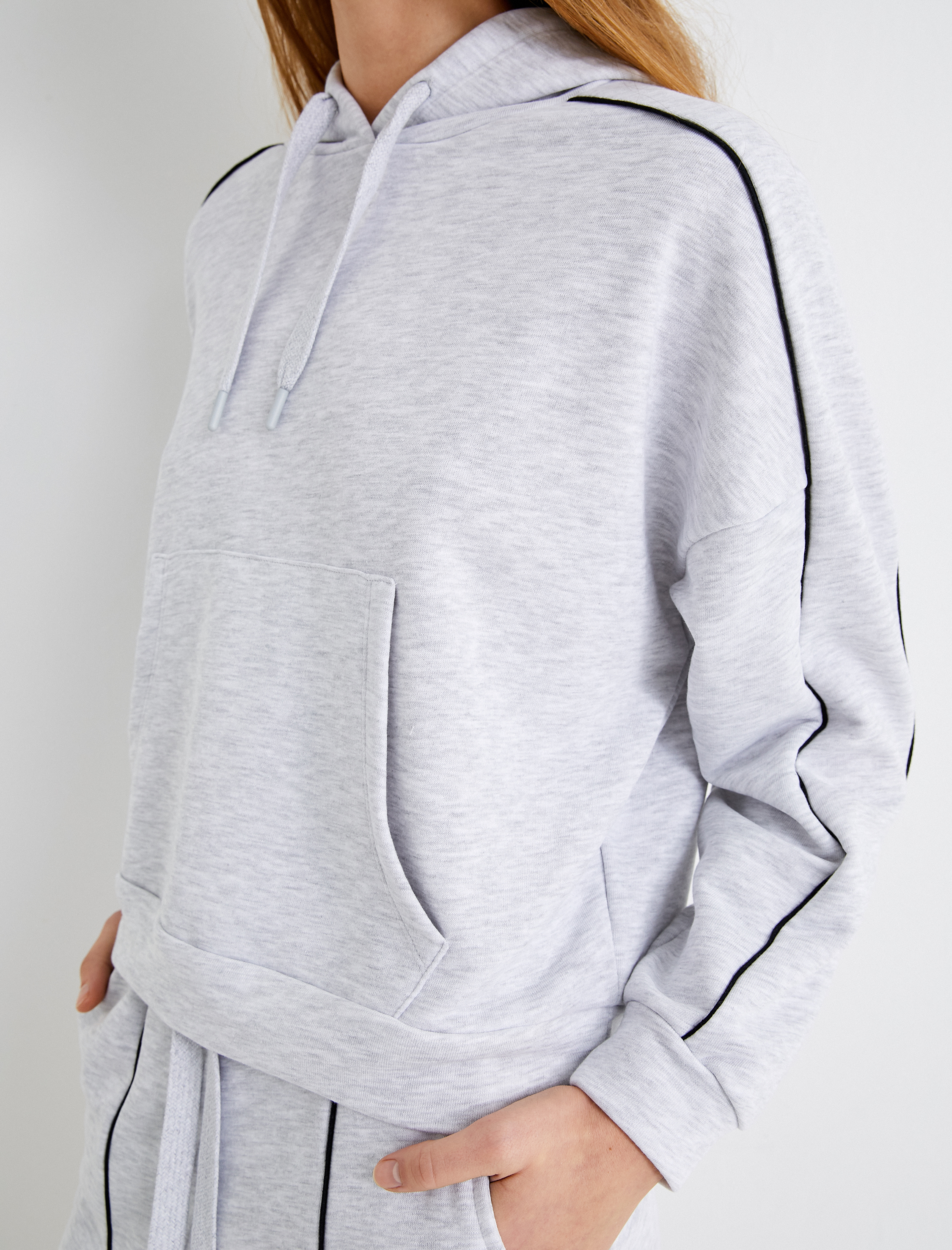 Kapşonlu Sweatshirt Spor Kanguru Cepli Biyeli Uzun Kollu