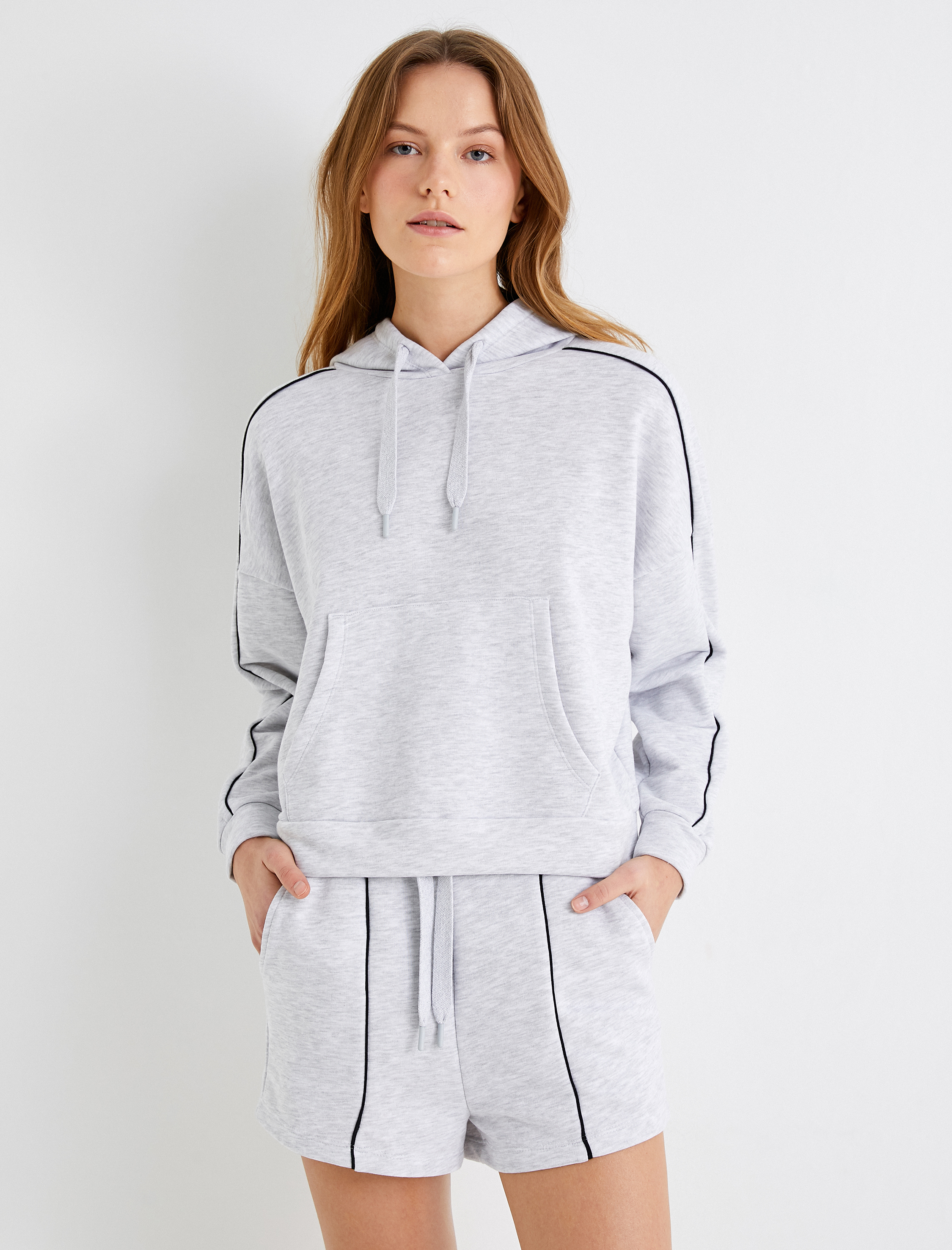 Kapşonlu Sweatshirt Spor Kanguru Cepli Biyeli Uzun Kollu