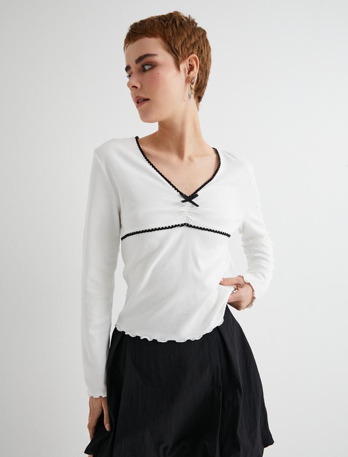  V Yaka Tişört Uzun Kollu Fiyonk ve Drape Detaylı Pamuklu