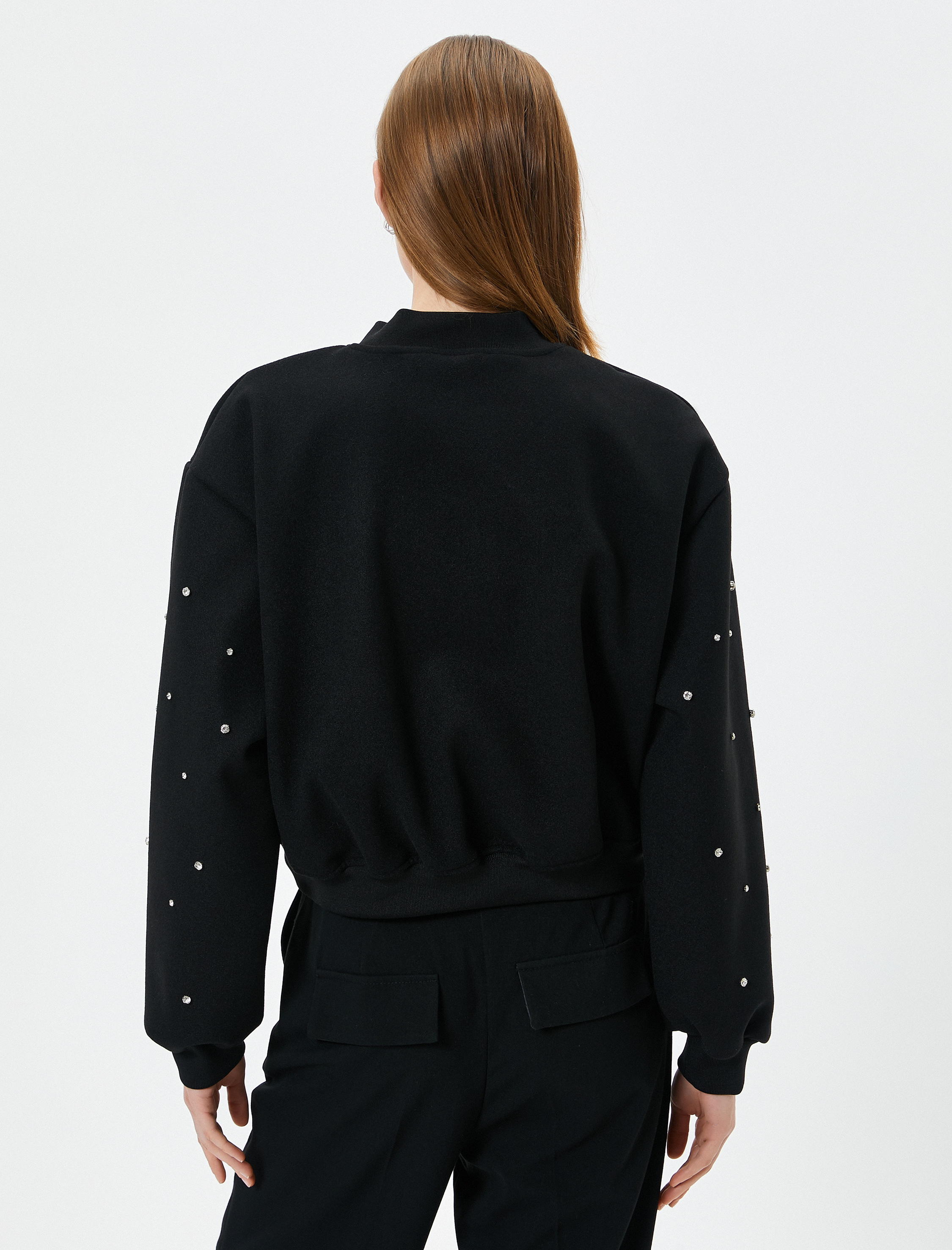   Bomber Jacket Parlak Taş İşlemeli Fermuarlı Ribanalı