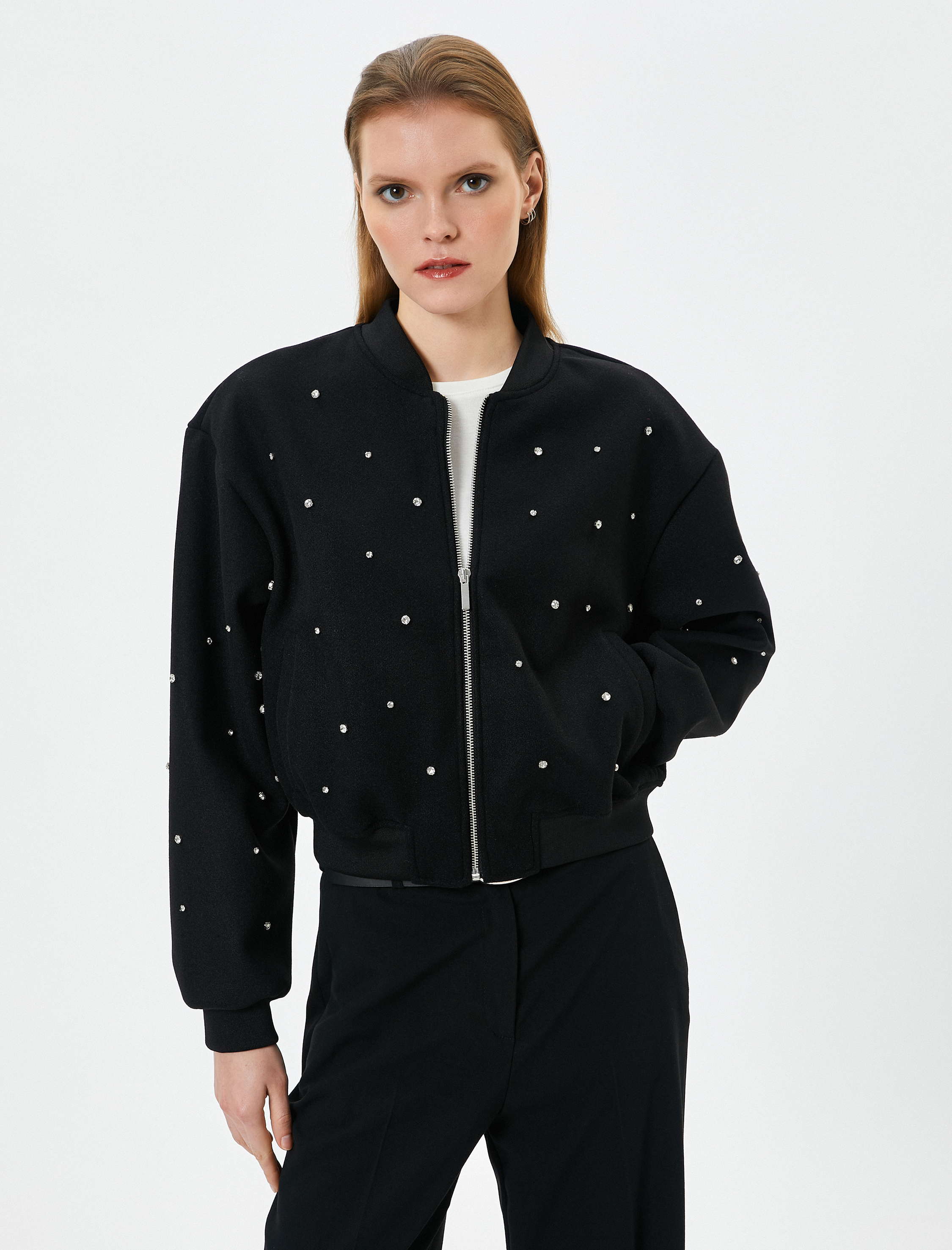   Bomber Jacket Parlak Taş İşlemeli Fermuarlı Ribanalı