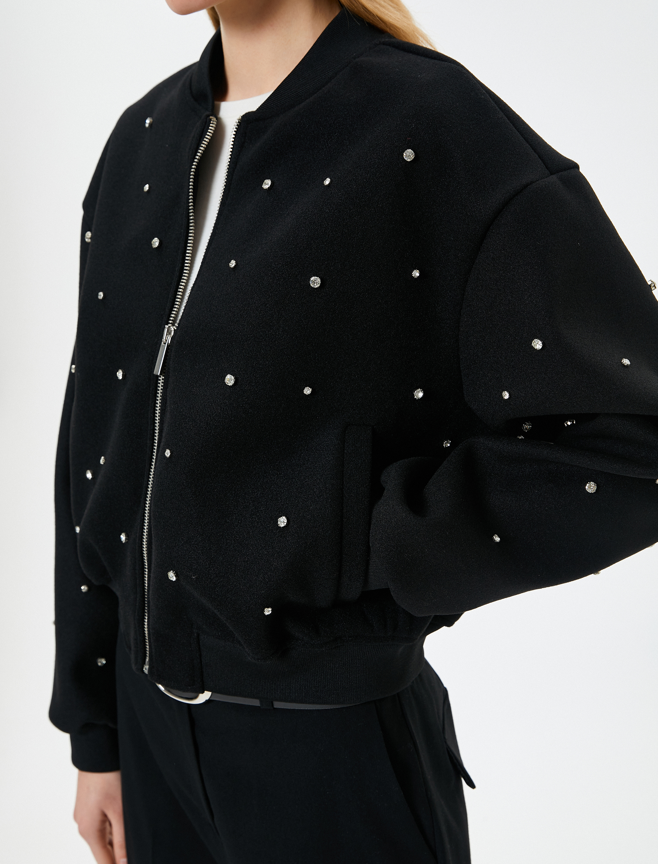   Bomber Jacket Parlak Taş İşlemeli Fermuarlı Ribanalı