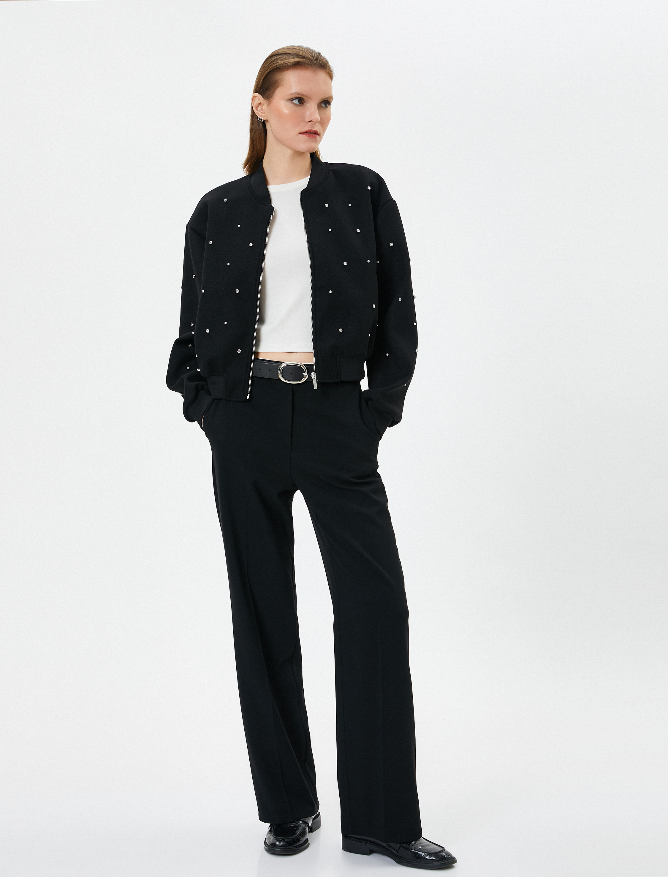   Bomber Jacket Parlak Taş İşlemeli Fermuarlı Ribanalı