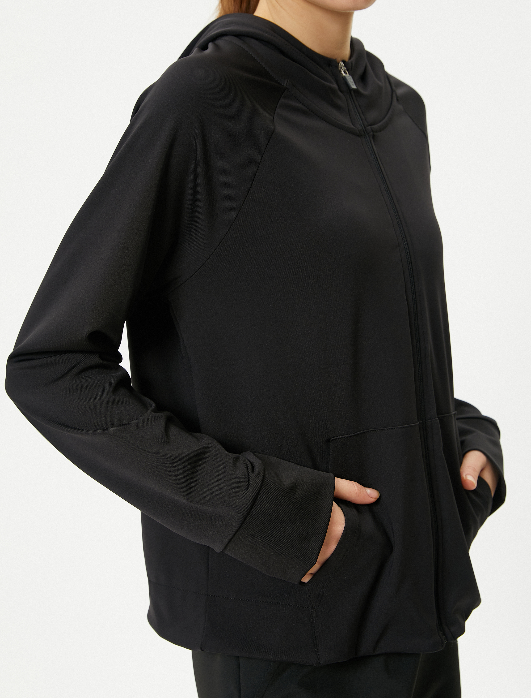 Kapşonlu Sweatshirt Fermuarlı Dik Salaş Yaka Cepli