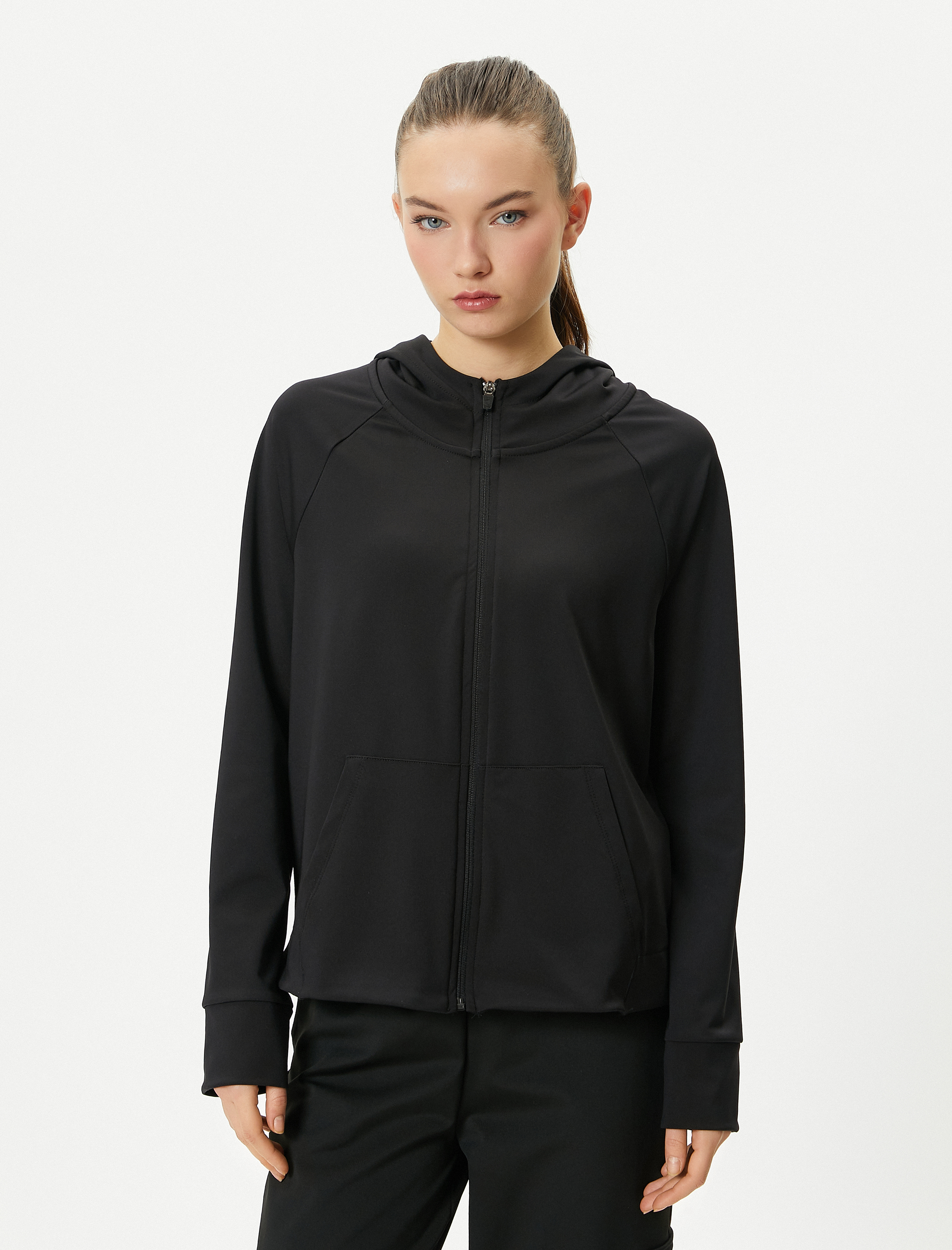 Kapşonlu Sweatshirt Fermuarlı Dik Salaş Yaka Cepli