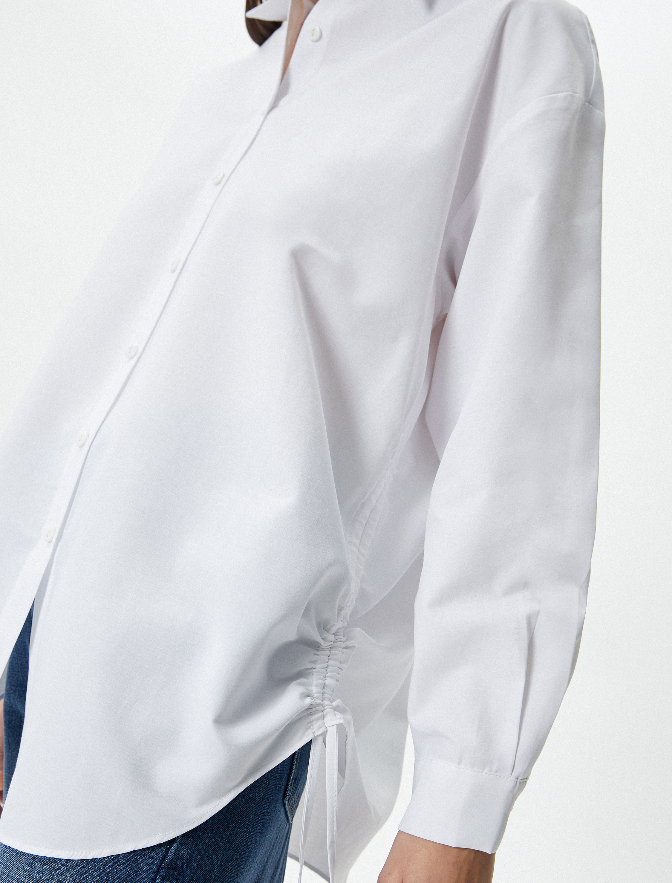   Uzun Kollu Poplin Gömlek Kolları Drapeli Düğmeli