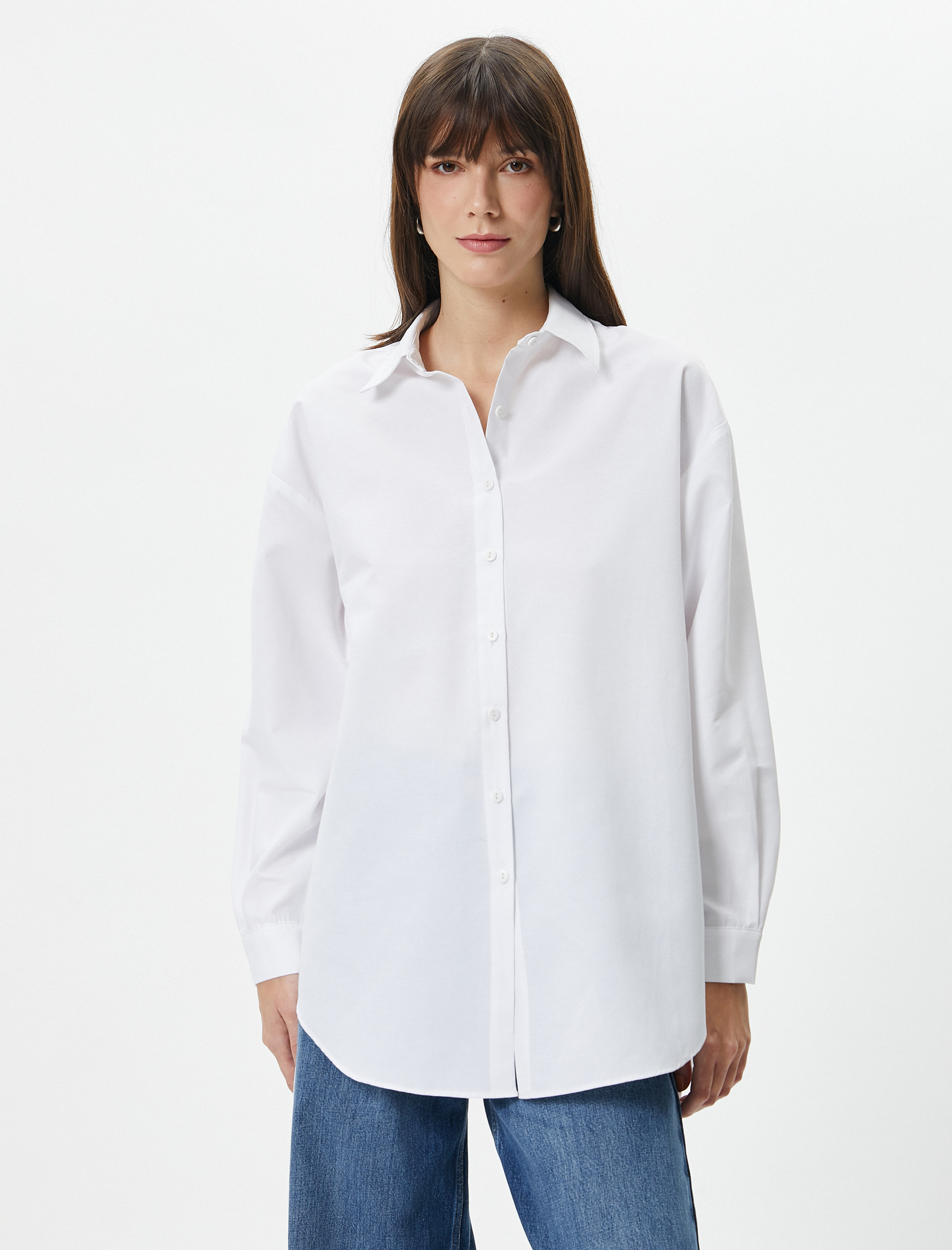   Uzun Kollu Poplin Gömlek Kolları Drapeli Düğmeli