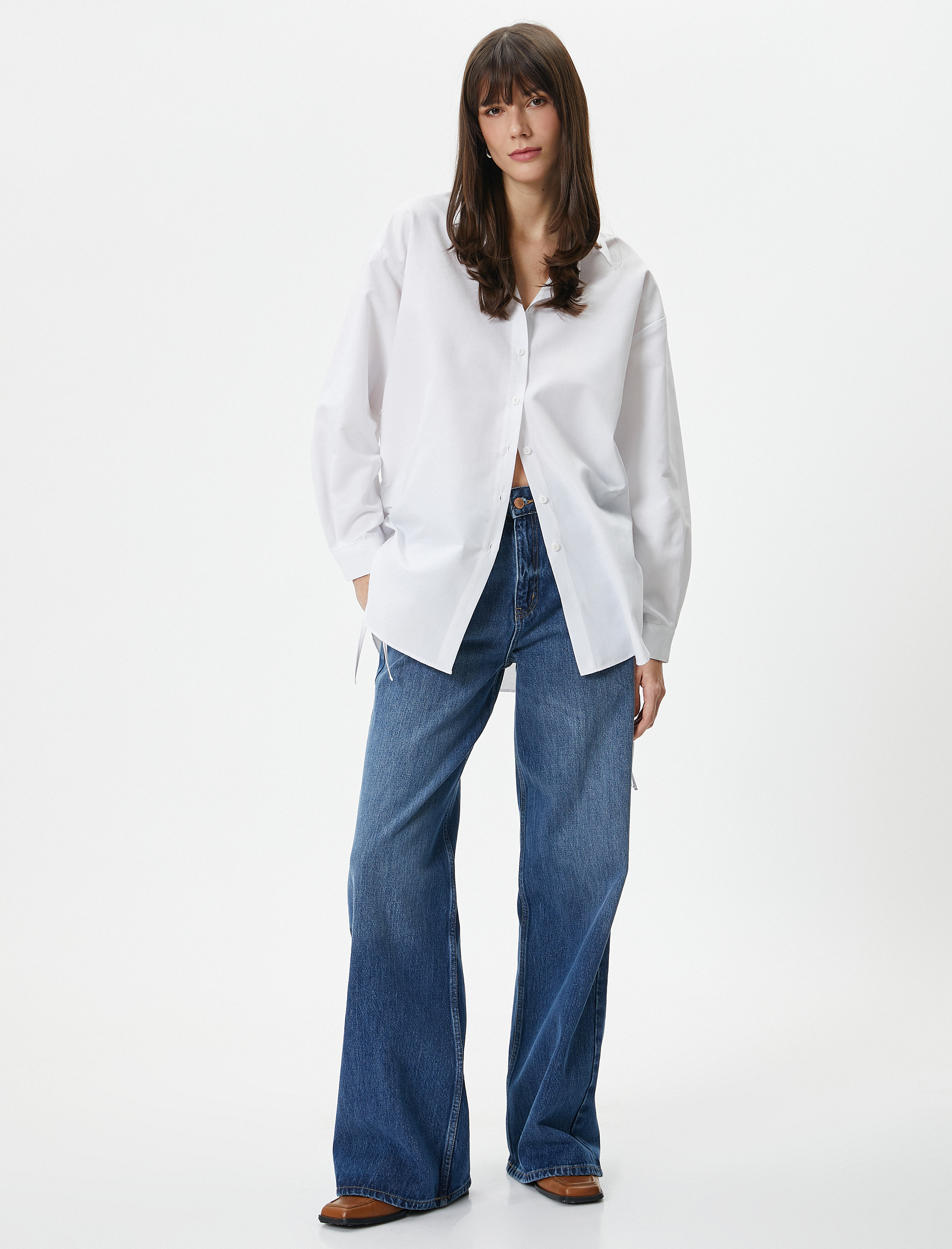   Uzun Kollu Poplin Gömlek Kolları Drapeli Düğmeli