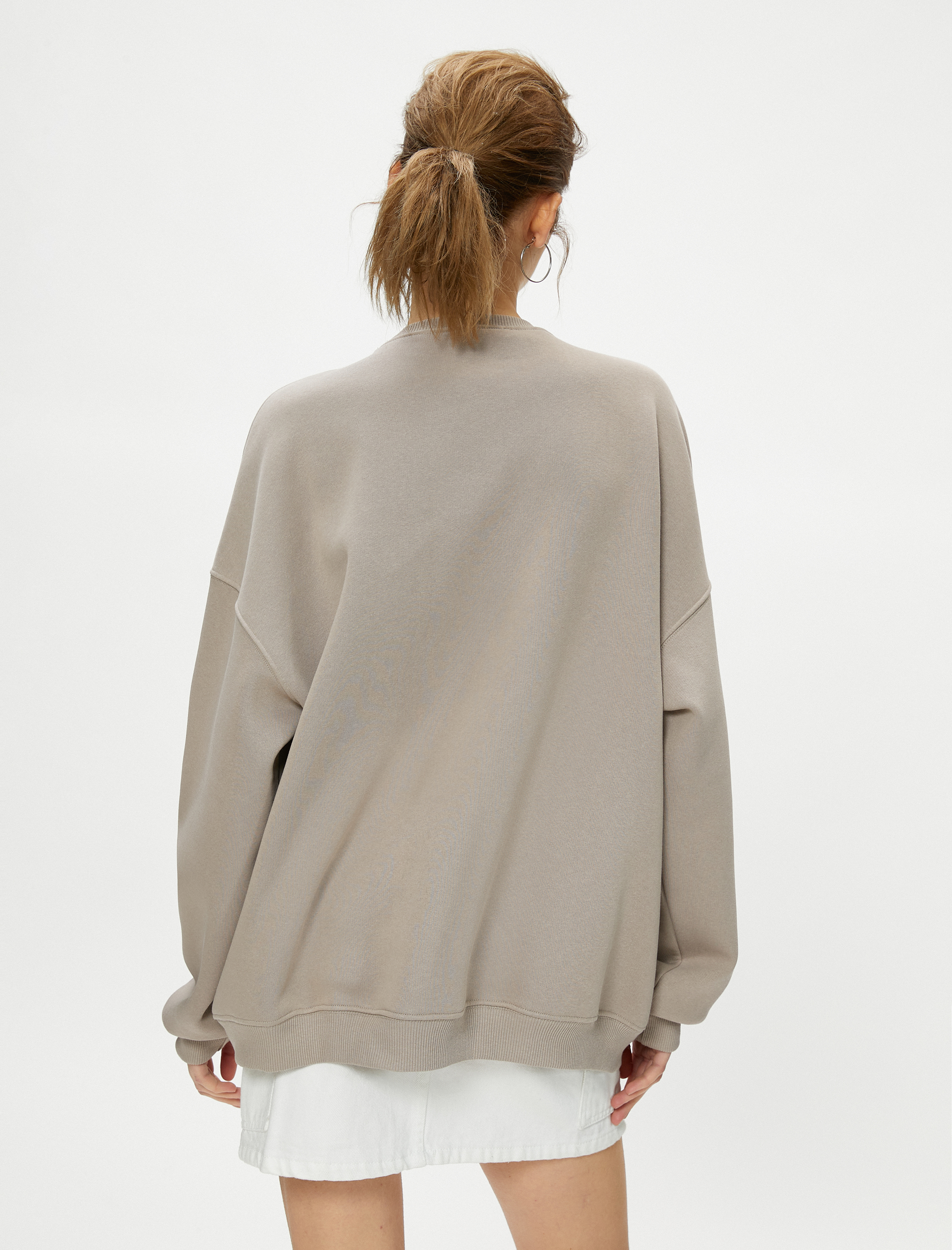   Şardonlu Kolej Oversize Sweatshirt Uzun Kollu Bisiklet Yaka