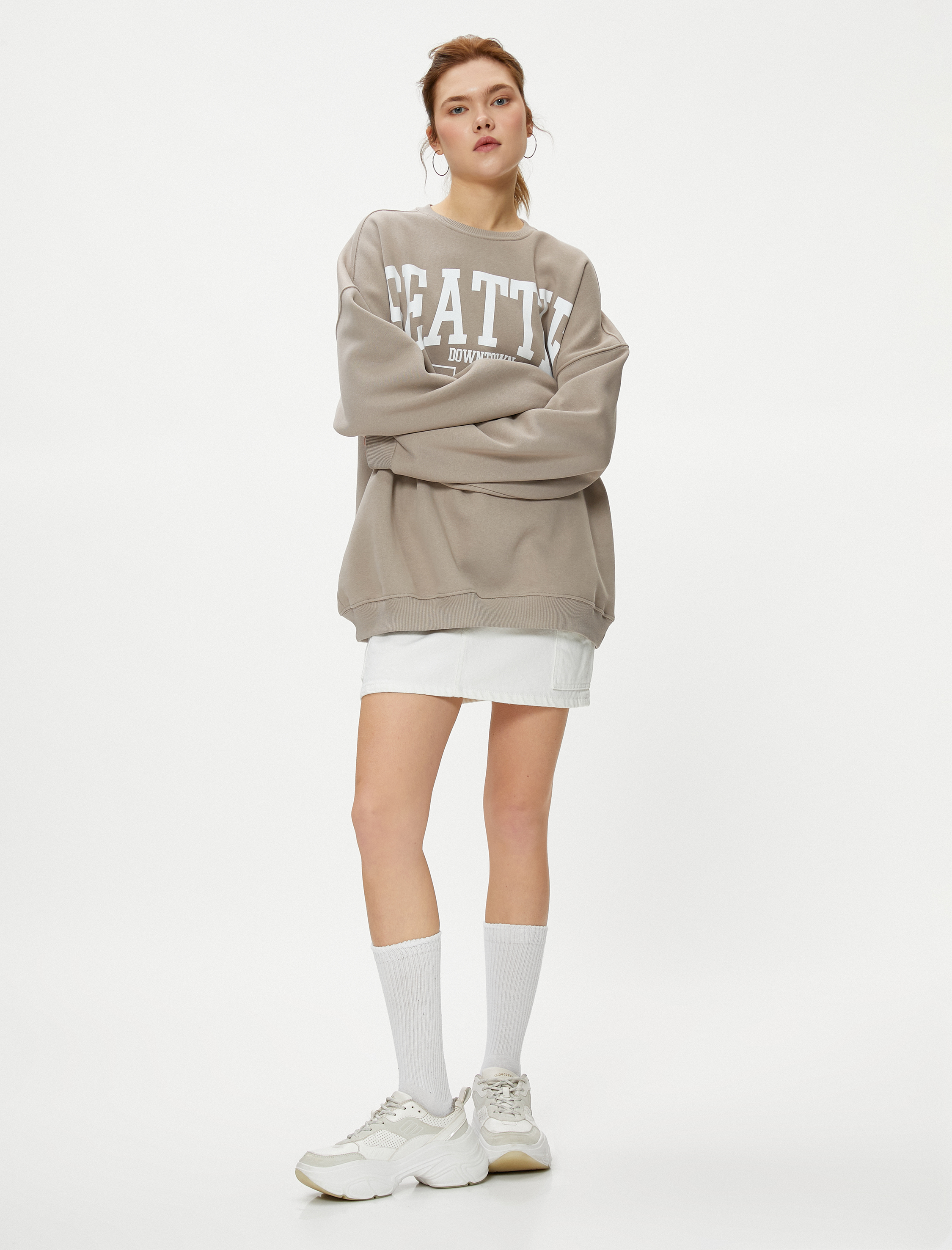 Koton Kadın Kolej Oversize Sweatshirt Uzun Kollu Bisiklet Yaka