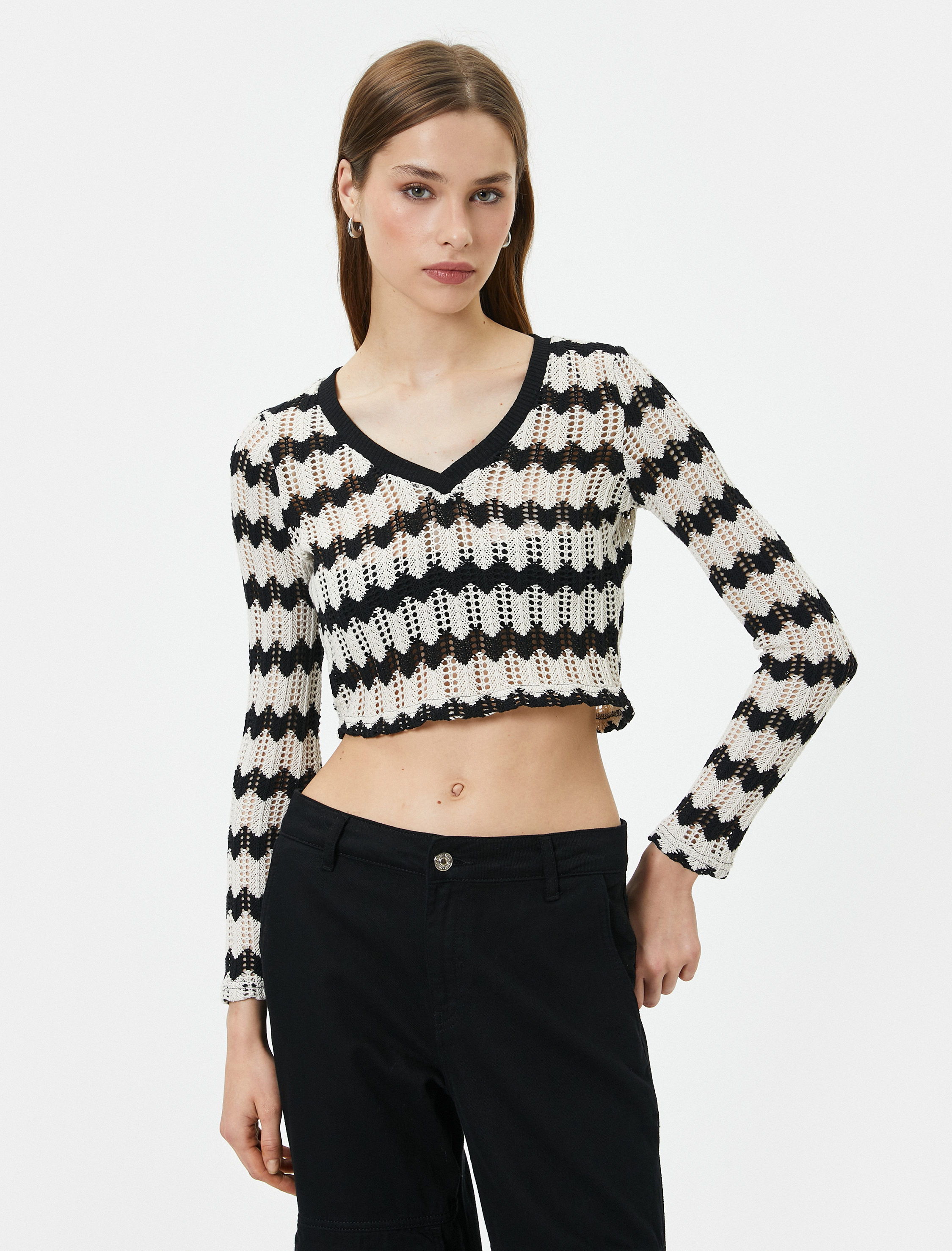   Ajurlu Crop Kazak V Yaka Uzun Kollu