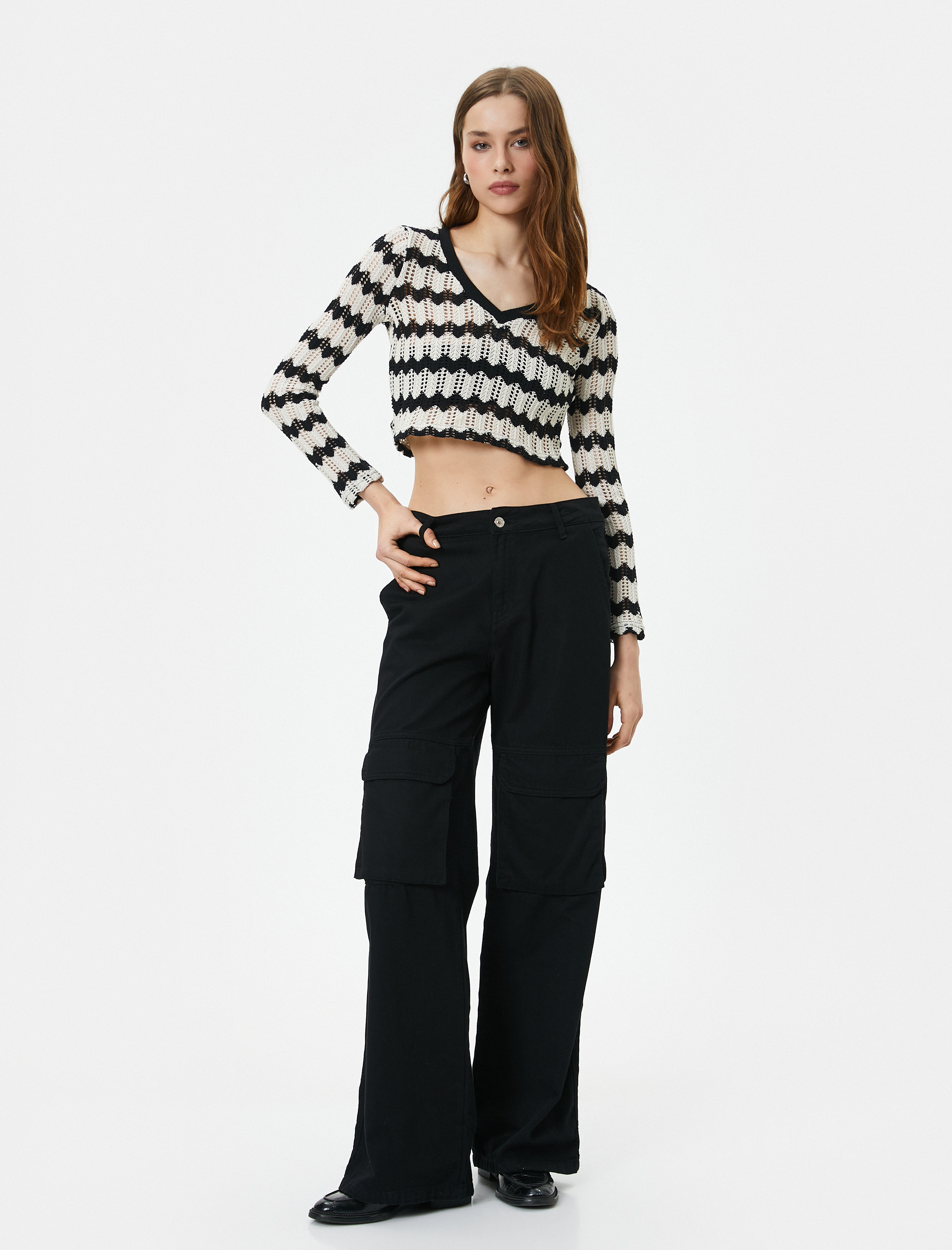   Ajurlu Crop Kazak V Yaka Uzun Kollu