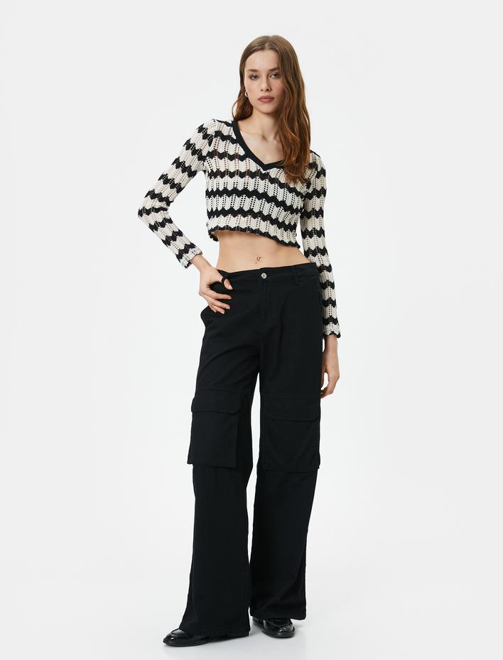  Ajurlu Crop Kazak V Yaka Uzun Kollu